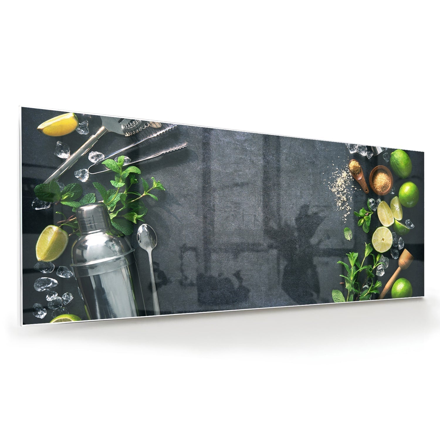 Elegantes Glasbild mit Kräutern und Zitronen – Glasbild aus Sicherheitsglas, Größe 60x60