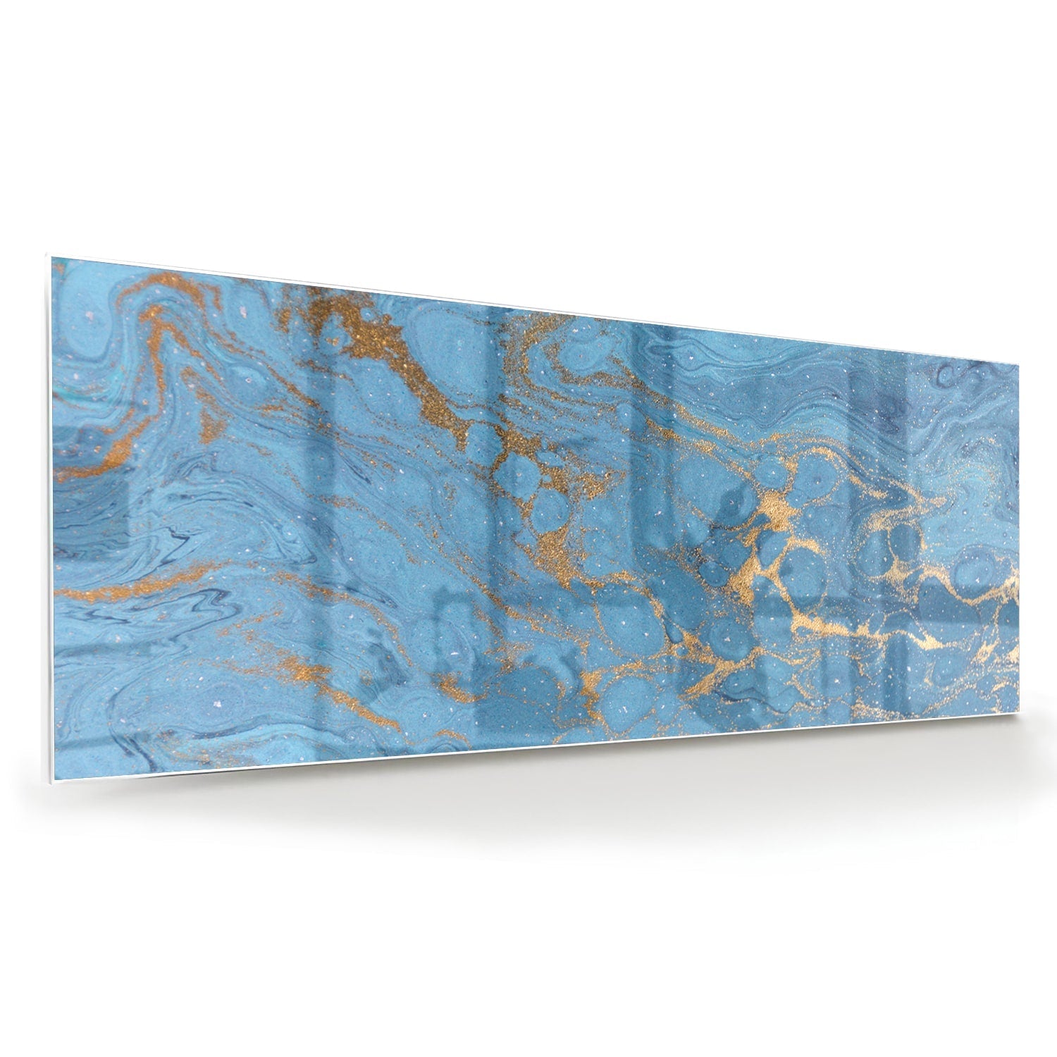 Elegantes Glasbild in blauen und goldenen Farbtönen – Glasbild aus Sicherheitsglas, Größe 60x60