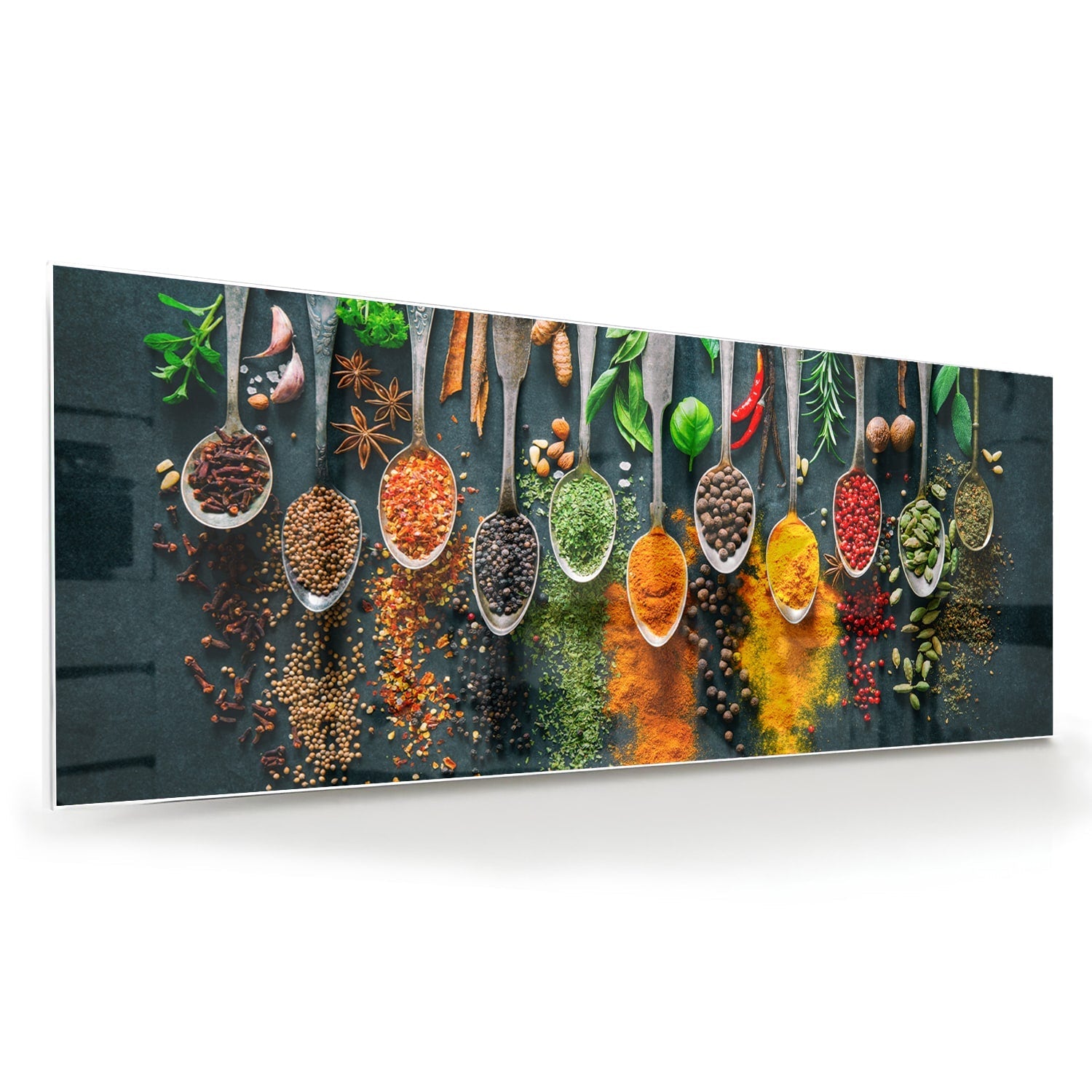 Farbenfrohes Glasbild mit Gewürzen und Kräutern – Glasbild aus Sicherheitsglas, Größe 60x60