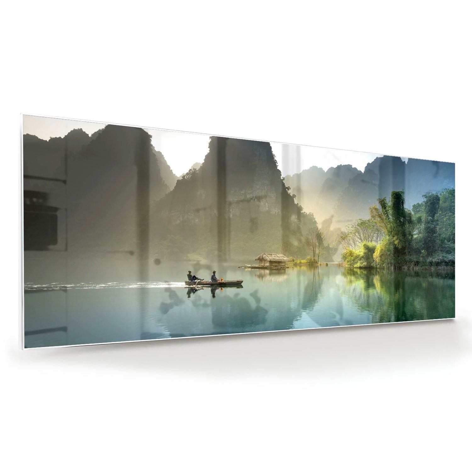 Rustikales Glasbild mit ruhigen Bergreflexionen – Glasbild aus Sicherheitsglas, Größe 60x60