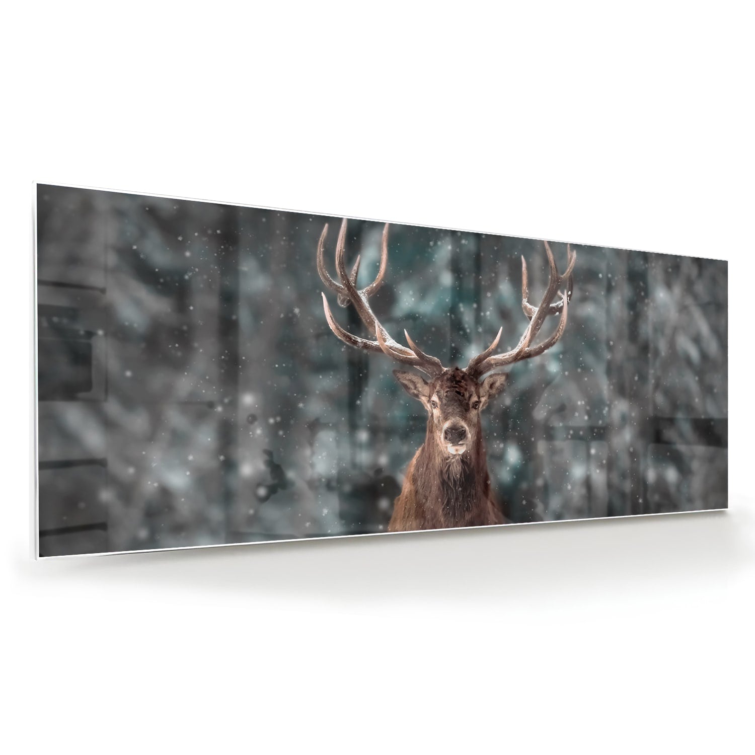 Glasbild mit majestätischem Hirsch in winterlicher Umgebung – Glasbild aus Sicherheitsglas, Größe 60x60