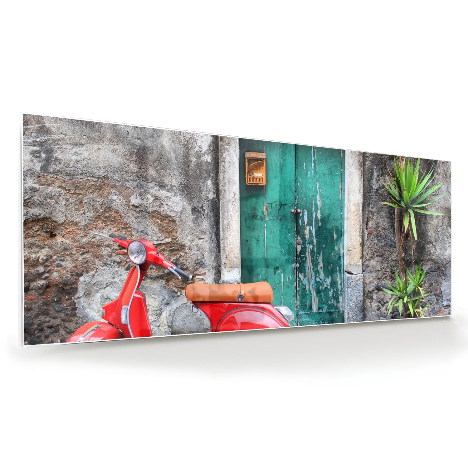 Retro-Glasbild mit rotem Scooter vor einer grünen Tür – Glasbild aus Sicherheitsglas, Größe 60x60