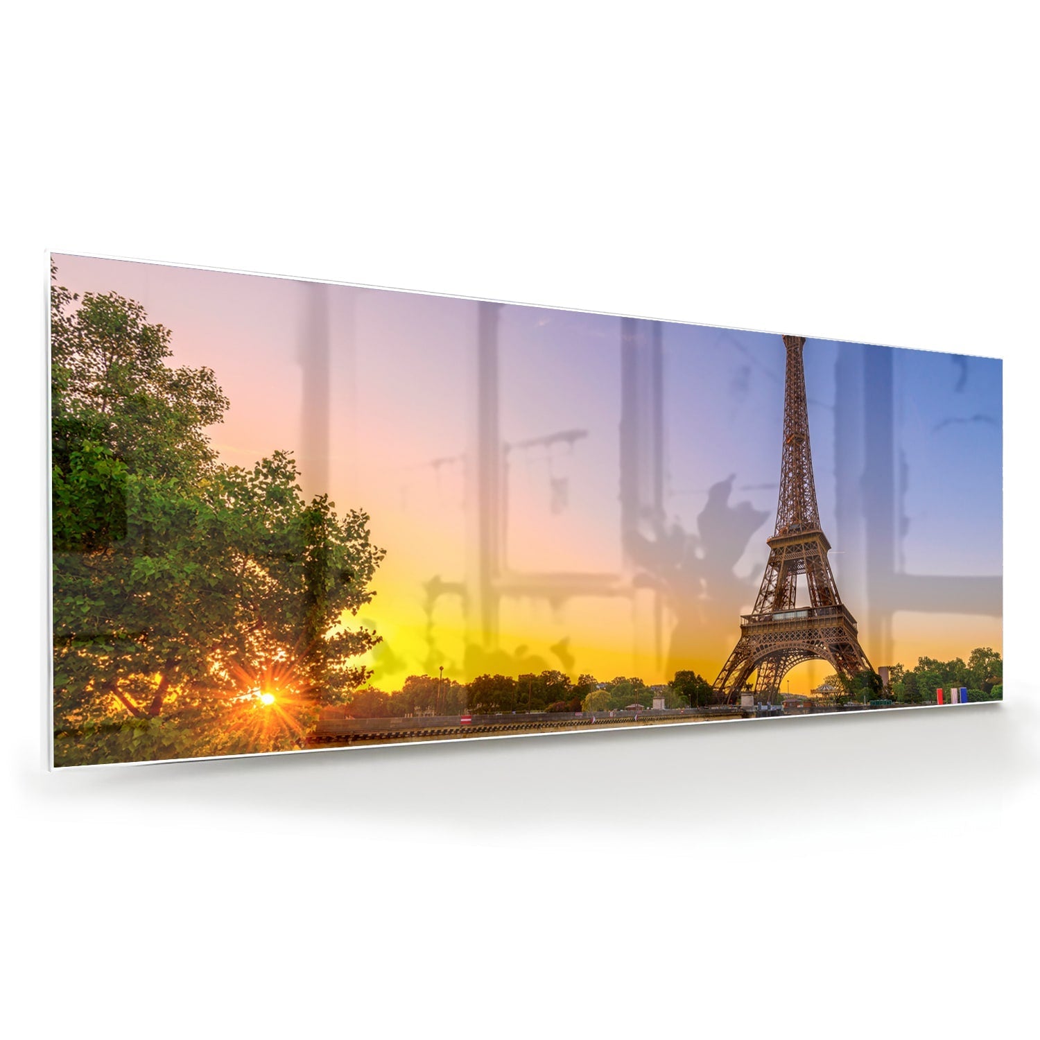 Glasbild mit dem Eiffelturm bei Sonnenuntergang – Glasbild aus Sicherheitsglas, Größe 60x60