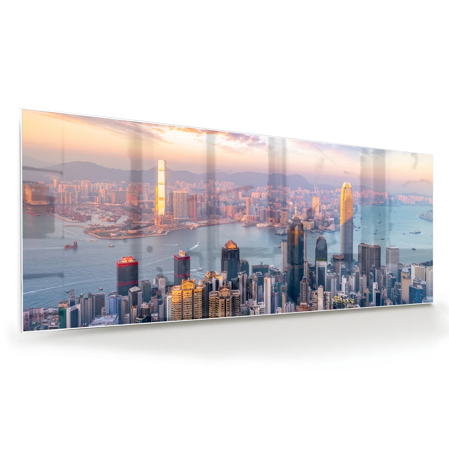 Glasbild mit Stadtansicht bei Sonnenuntergang – Glasbild aus Sicherheitsglas, Größe 60x60