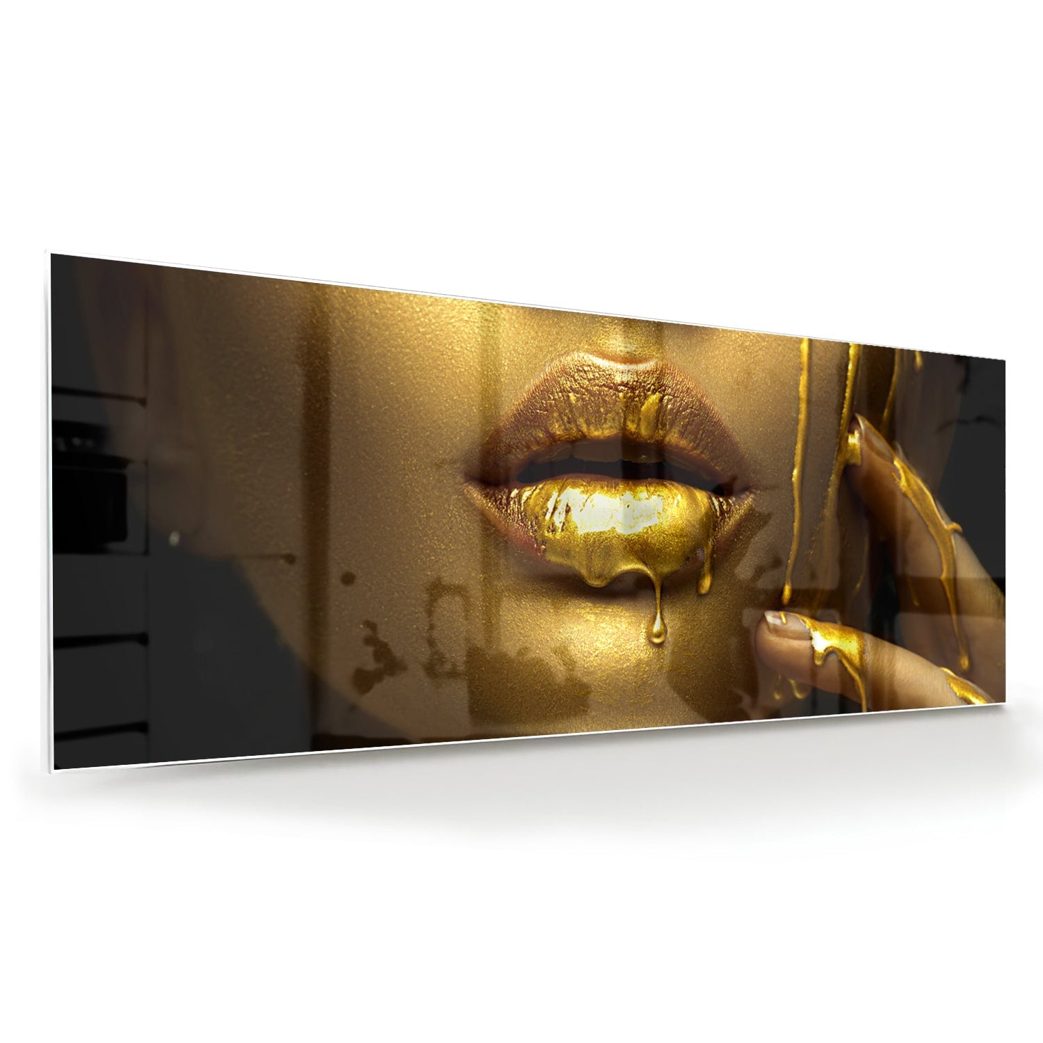 Goldenes Glasbild mit Lippen und Hand – Glasbild aus Sicherheitsglas, Größe 60x60
