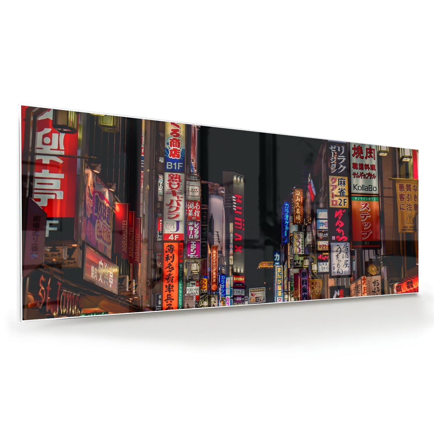 Glasbild mit urbaner Szenerie und bezaubernden Neonlichtern – Glasbild aus Sicherheitsglas, Größe 60x60