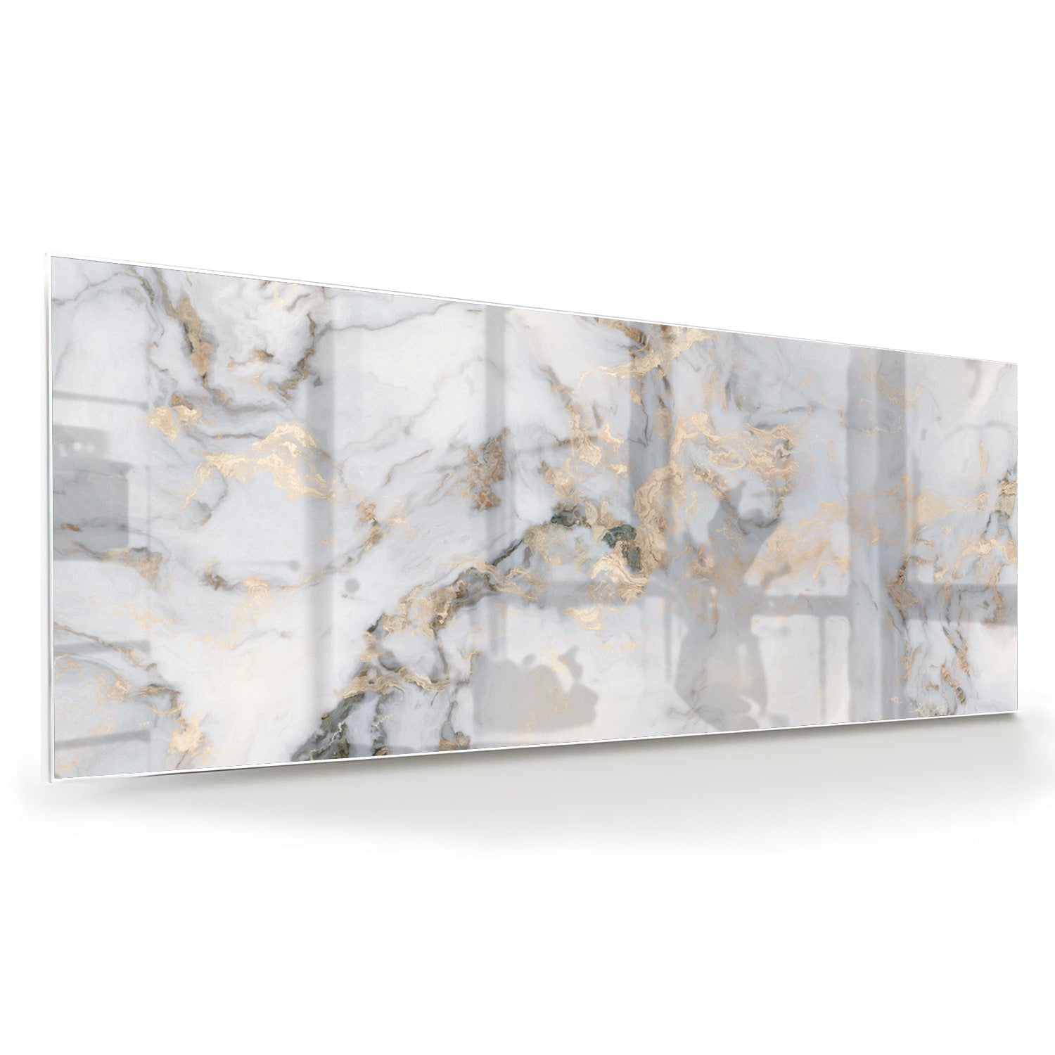 Elegantes Glasbild mit Marmoroptik und goldenen Details – Glasbild aus Sicherheitsglas, Größe 60x60