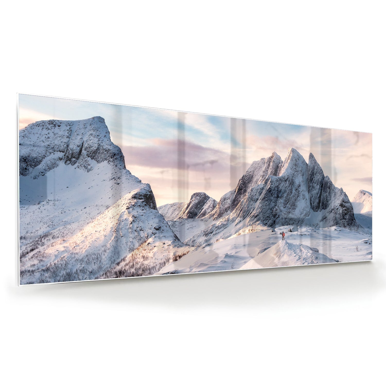 Atemberaubendes Glasbild mit verschneiten Bergen – Glasbild aus Sicherheitsglas, Größe 60x60