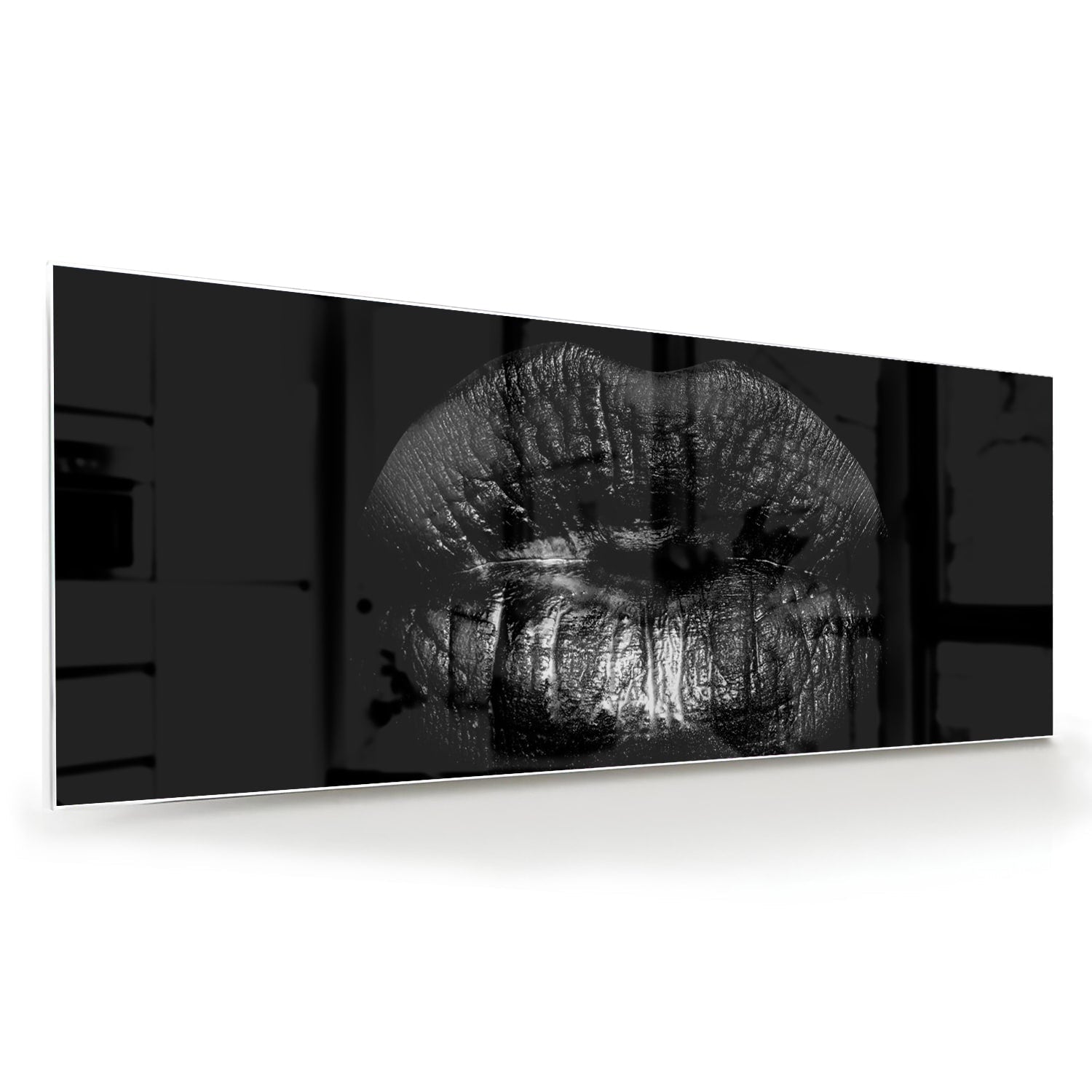 Schwarzes Glasbild mit Lippenprint – Glasbild aus Sicherheitsglas, Größe 60x60