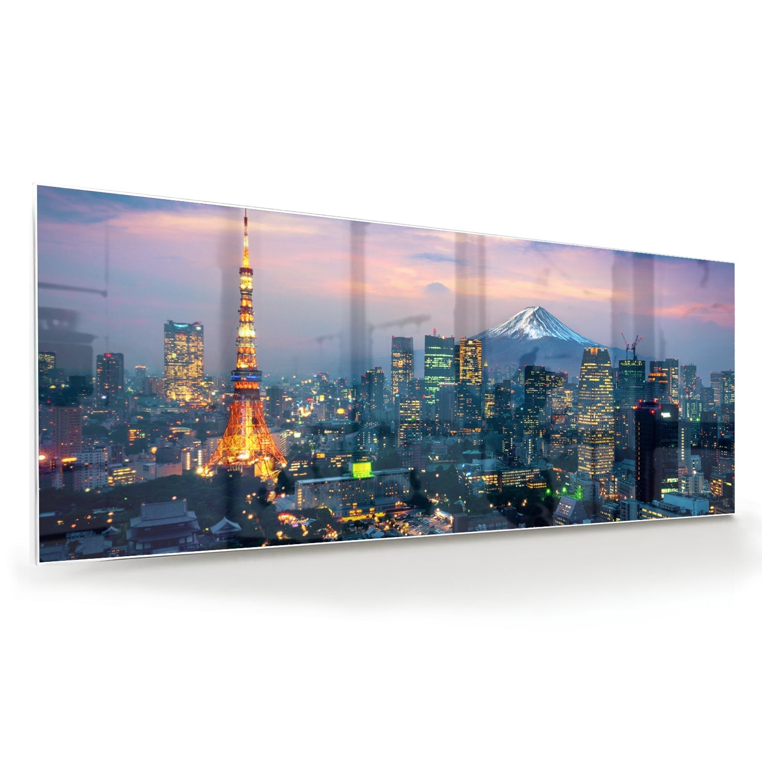 Glasbild mit Stadtpanorama, Fuji und Tokyo Tower – Glasbild aus Sicherheitsglas, Größe 60x60