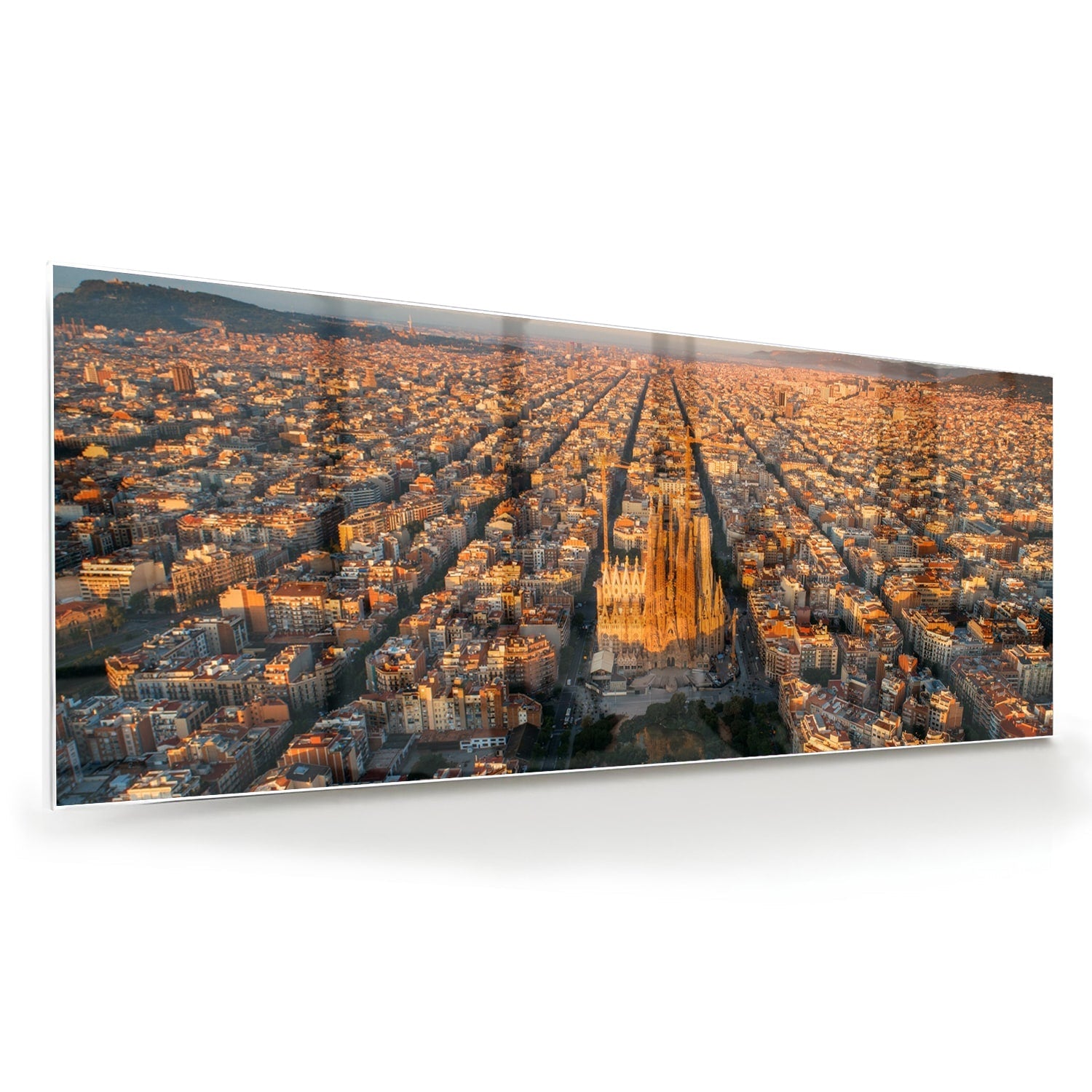 Glasbild mit atemberaubendem Stadtblick bei Sonnenuntergang – Glasbild aus Sicherheitsglas, Größe 60x60