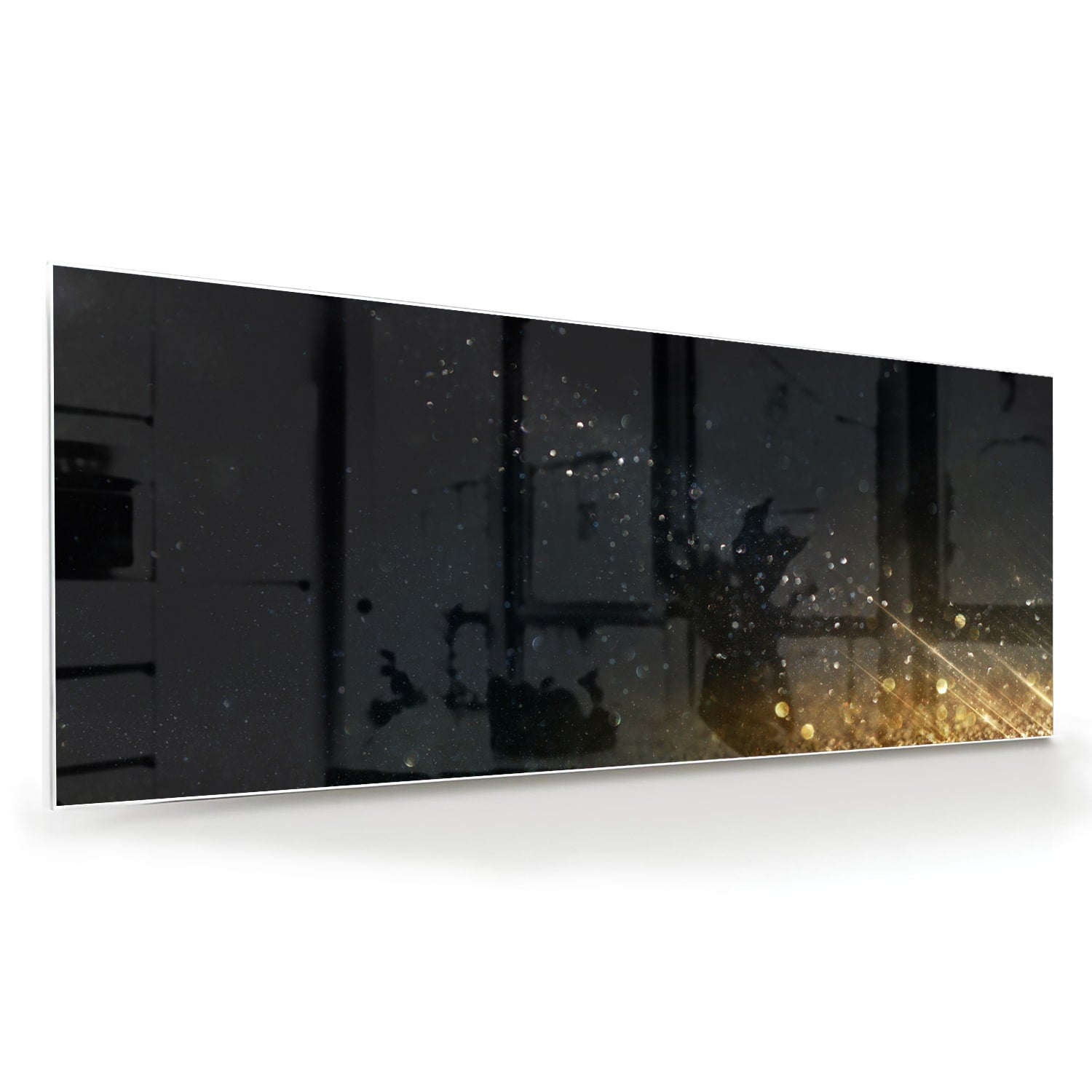 Schwarzes Glasbild mit Sternen und Lichtreflexionen – Glasbild aus Sicherheitsglas, Größe 60x60
