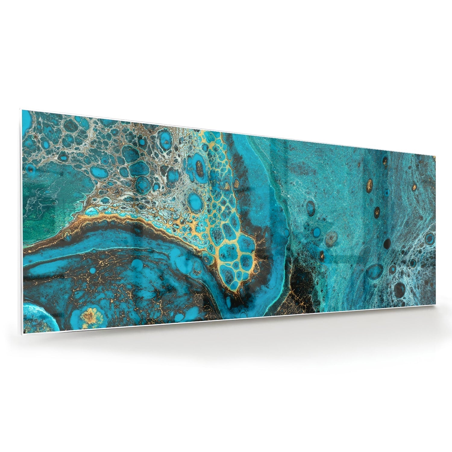 Abstraktes Glasbild in Türkis und Gold – Glasbild aus Sicherheitsglas, Größe 60x60
