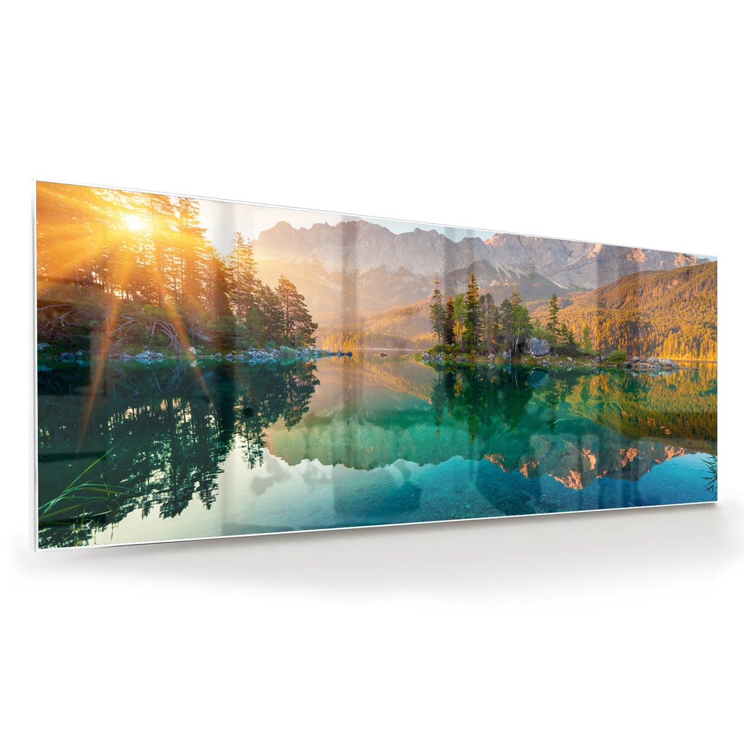 Wunderschönes Glasbild mit Berglandschaft und See – Glasbild aus Sicherheitsglas, Größe 60x60