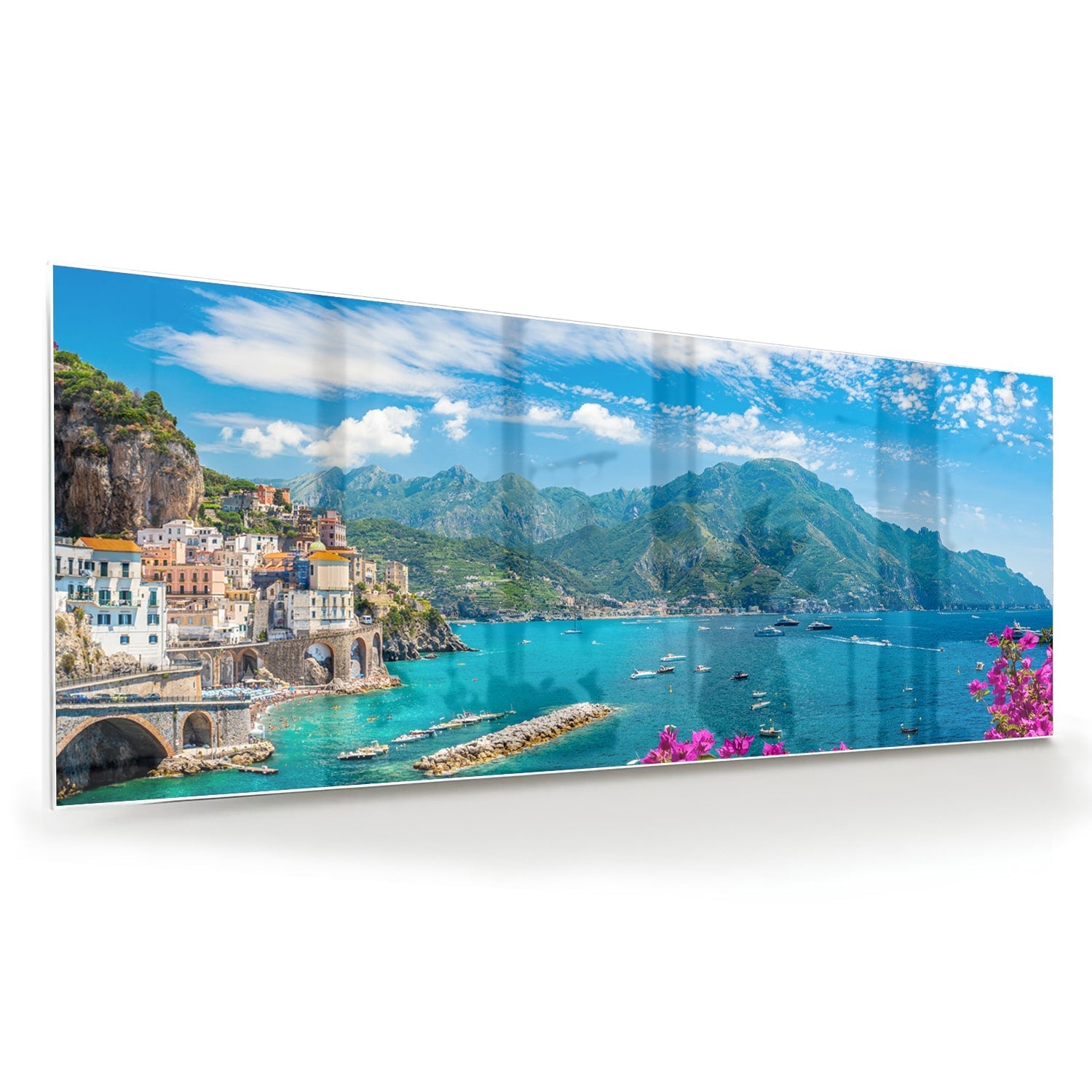 Glasbild mit blauem See und Bergen – Glasbild aus Sicherheitsglas, Größe 60x60