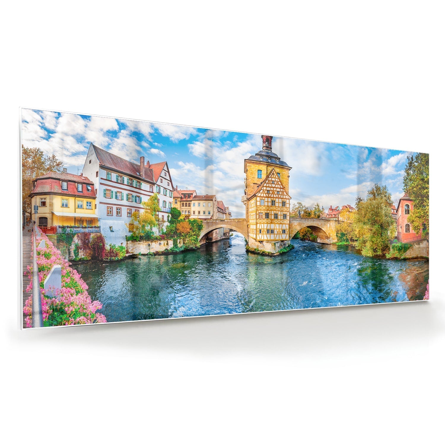 Glasbild mit malerischem Städtchen am Wasser – Glasbild aus Sicherheitsglas, Größe 60x60