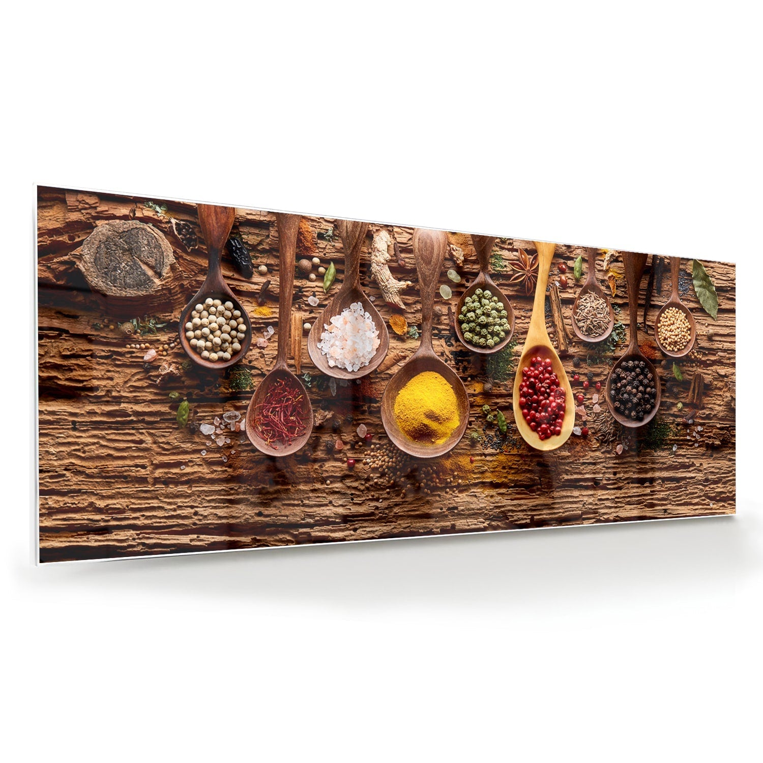 Buntes Glasbild mit Gewürzen und Löffelmotiven – Glasbild aus Sicherheitsglas, Größe 60x60