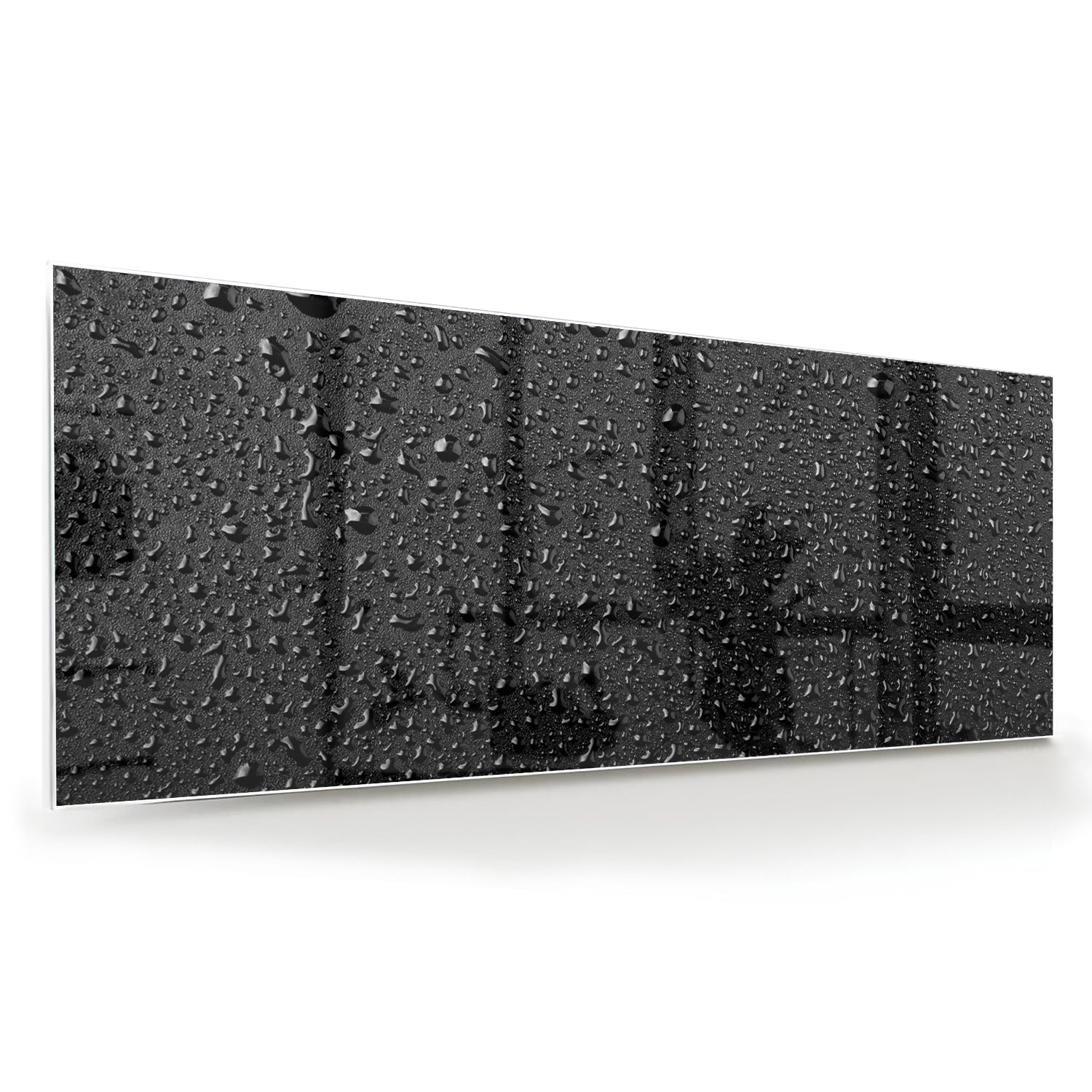 Glasbild mit Tropfen auf schwarzer Oberfläche – Glasbild aus Sicherheitsglas, Größe 60x60