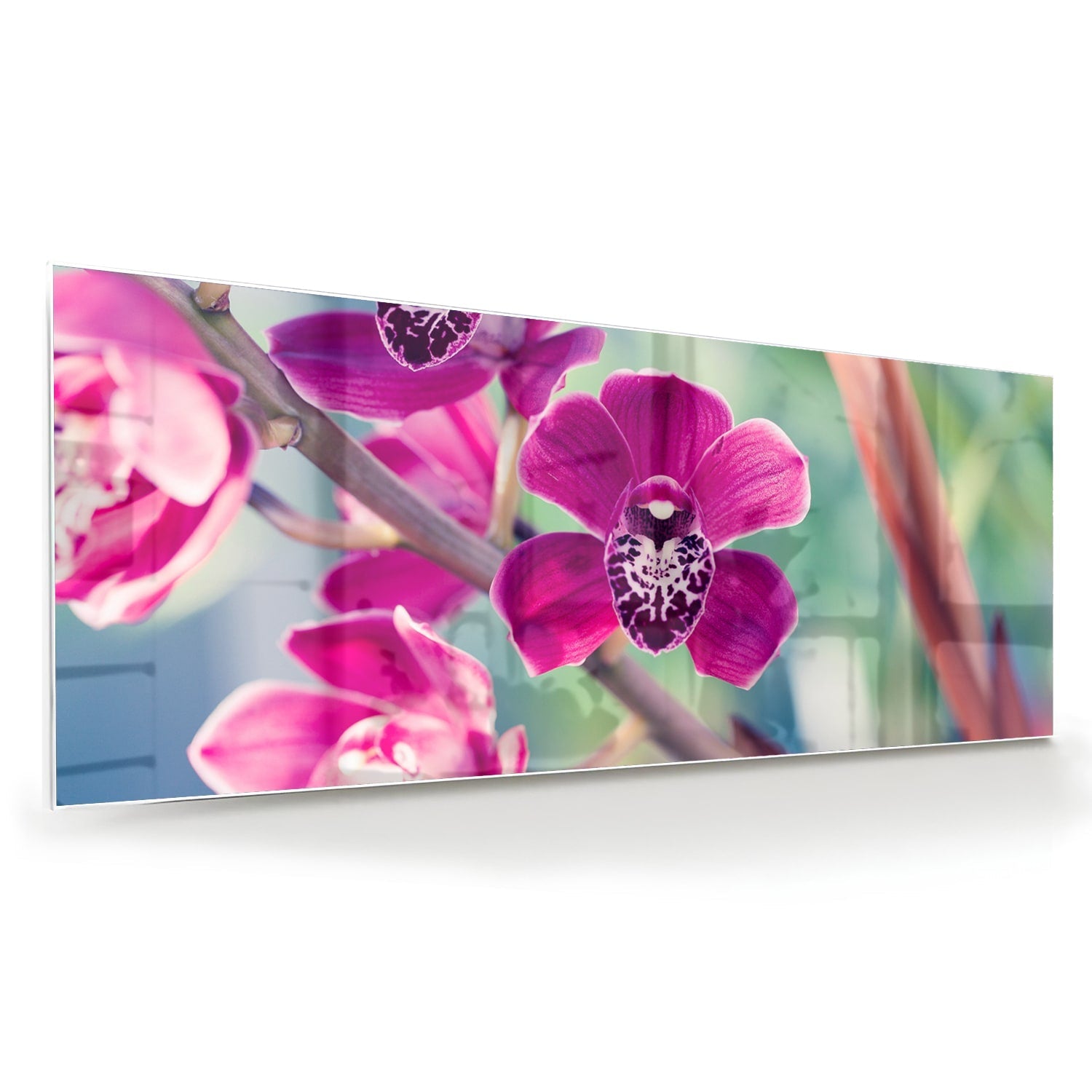 Wunderschönes Glasbild mit violetten Orchideen – Glasbild aus Sicherheitsglas, Größe 60x60