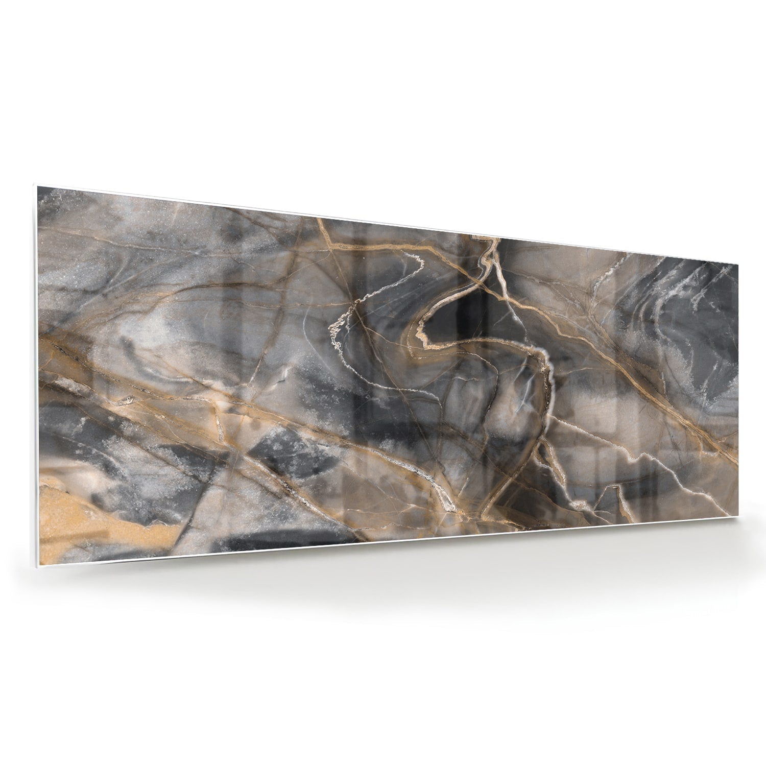 Modernes Glasbild mit abstrakten Linien in Schwarz und Gold – Glasbild aus Sicherheitsglas, Größe 60x60