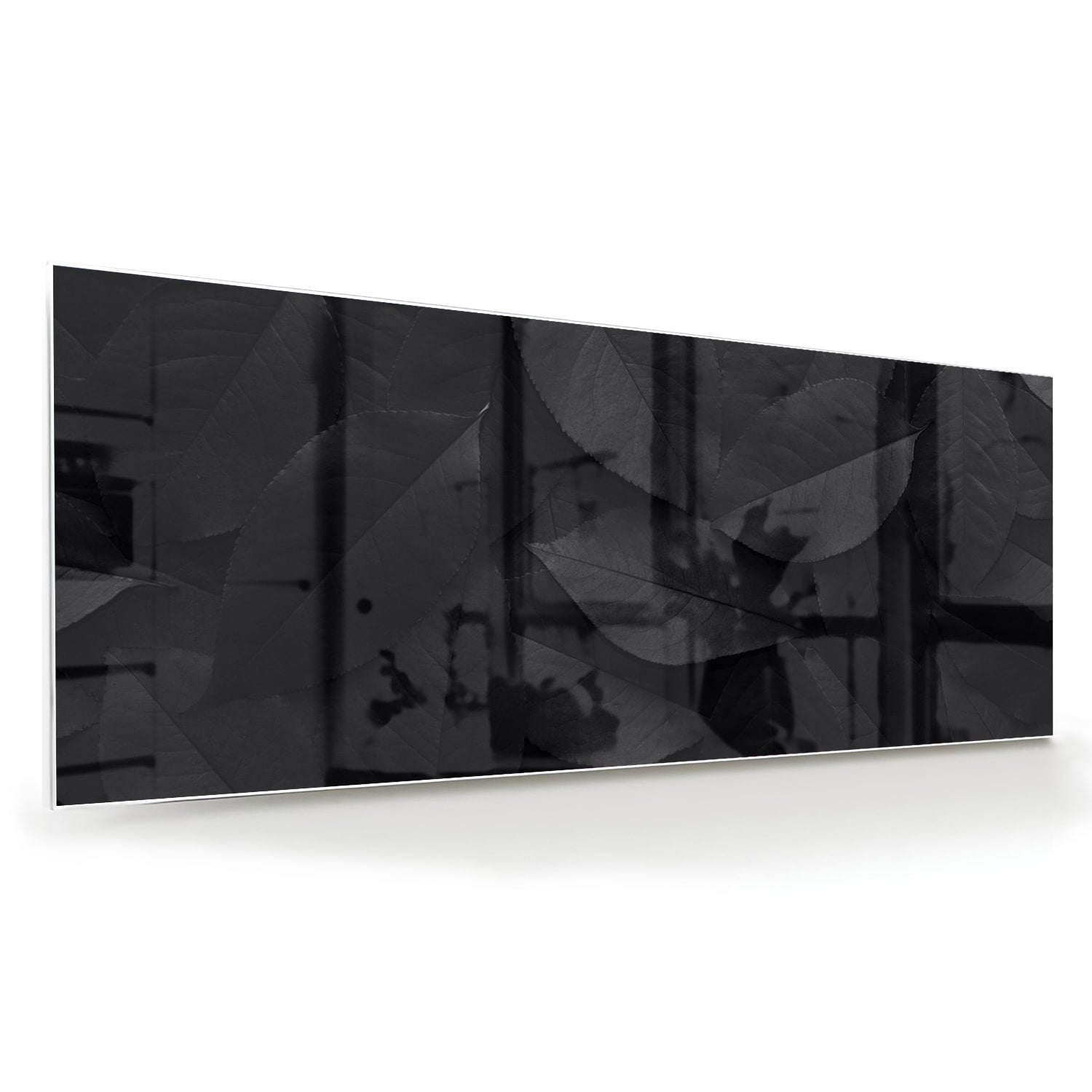 Elegantes Glasbild mit Blättern in Schwarz und Grau – Glasbild aus Sicherheitsglas, Größe 60x60