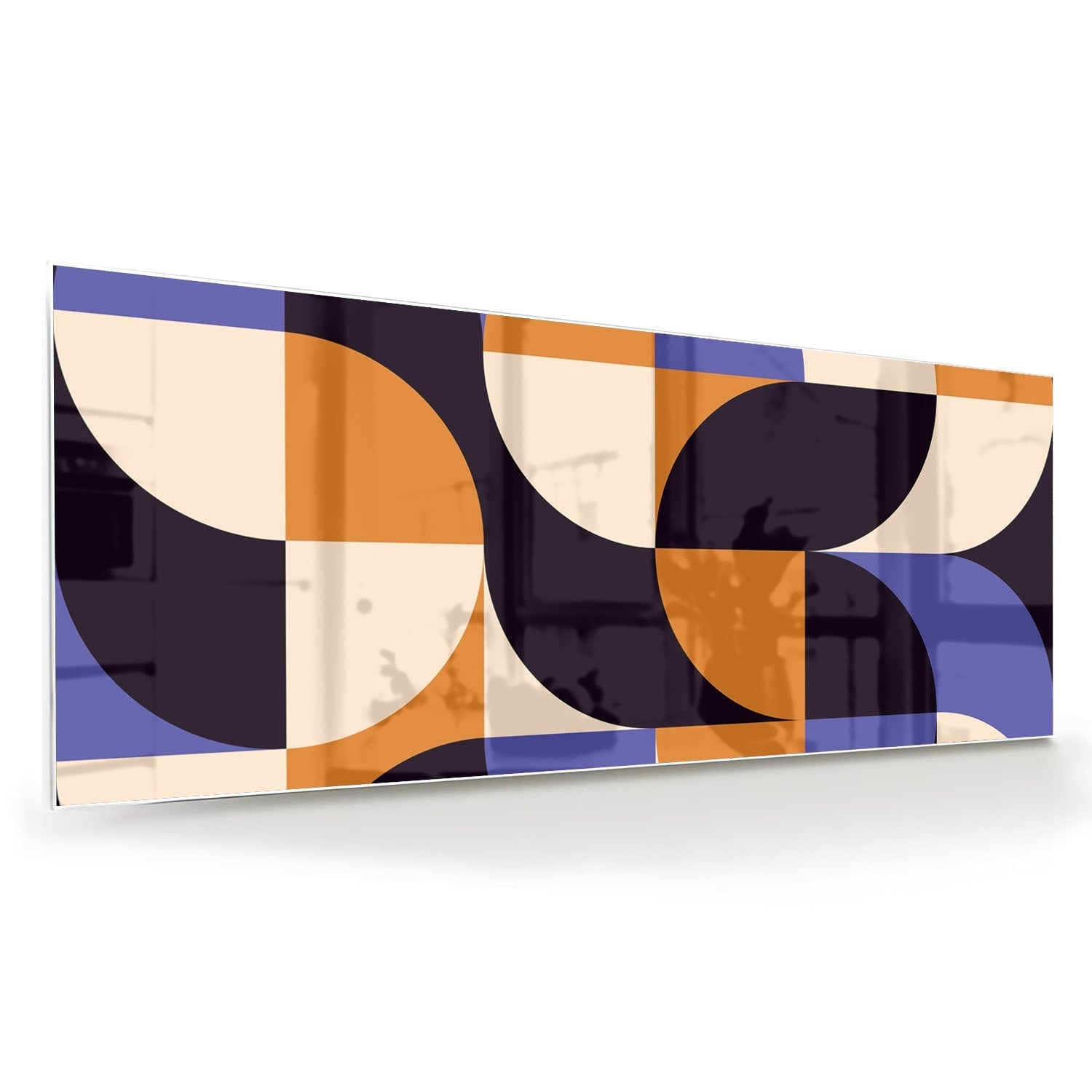 Abstraktes Glasbild in blauen und Orangetönen – Glasbild aus Sicherheitsglas, Größe 60x60