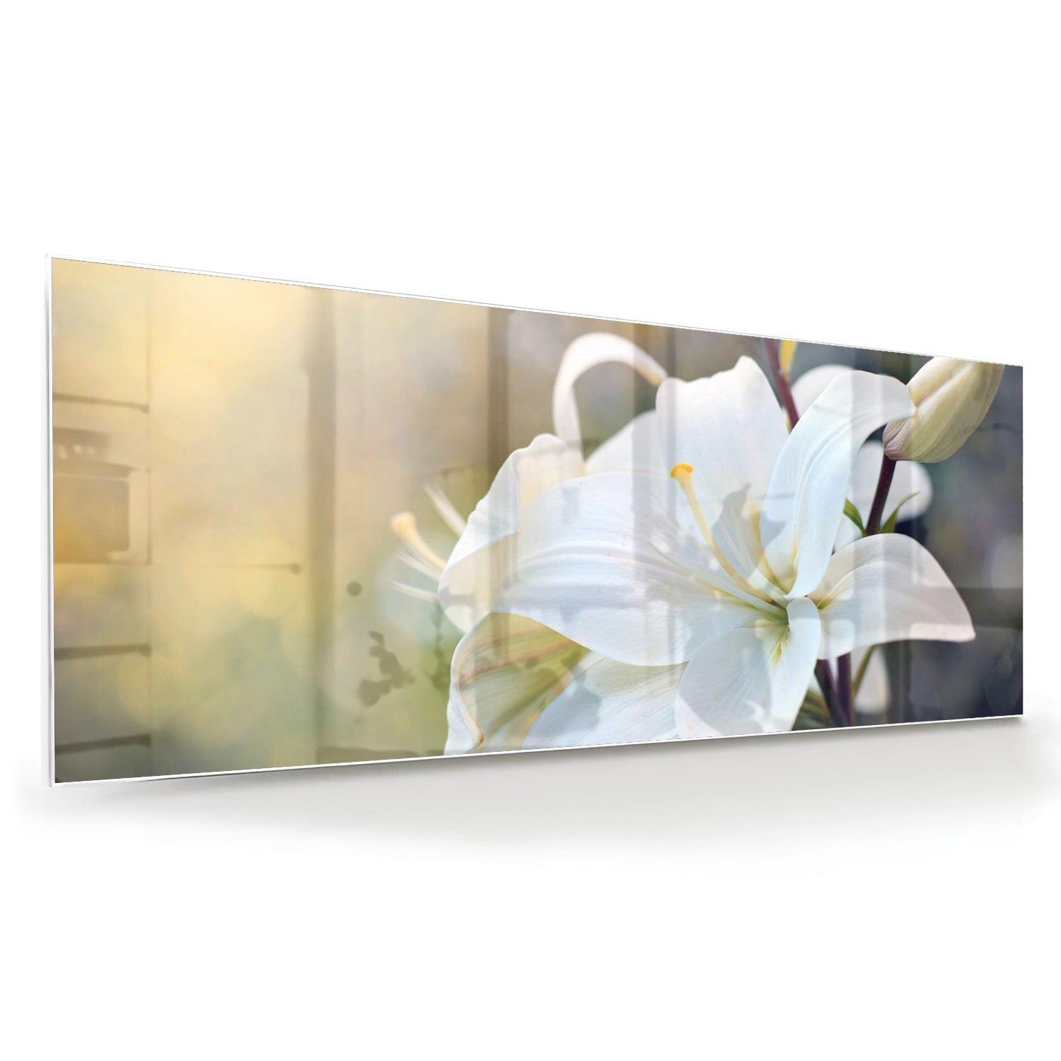 Elegantes Glasbild mit weißer Lilie – Glasbild aus Sicherheitsglas, Größe 60x60