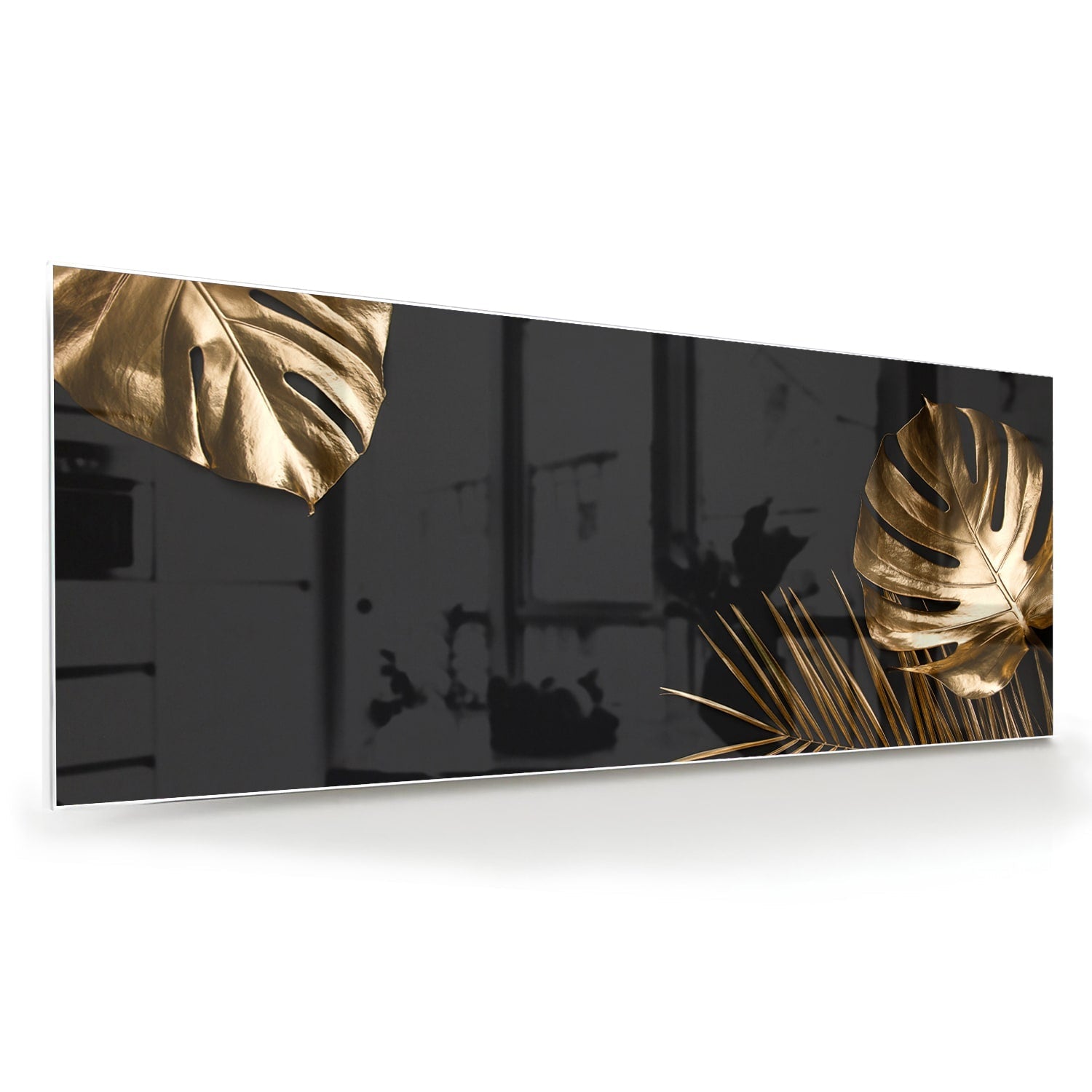 Glänzendes Glasbild mit goldenen Blättern – Glasbild aus Sicherheitsglas, Größe 60x60