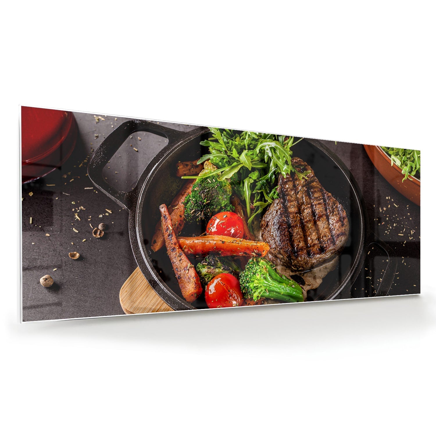 Glasbild mit köstlichen gegrillten Speisen – Glasbild aus Sicherheitsglas, Größe 60x60