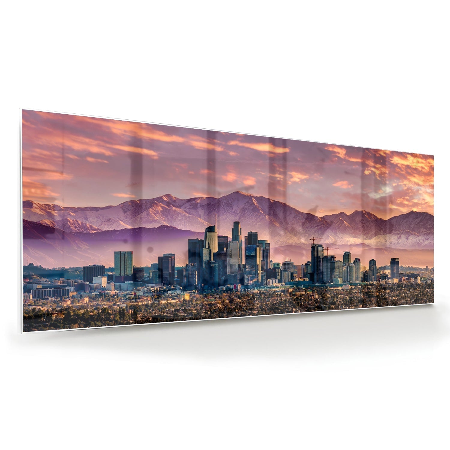 Glasbild Stadtpanorama bei Sonnenuntergang – Glasbild aus Sicherheitsglas, Größe 60x60