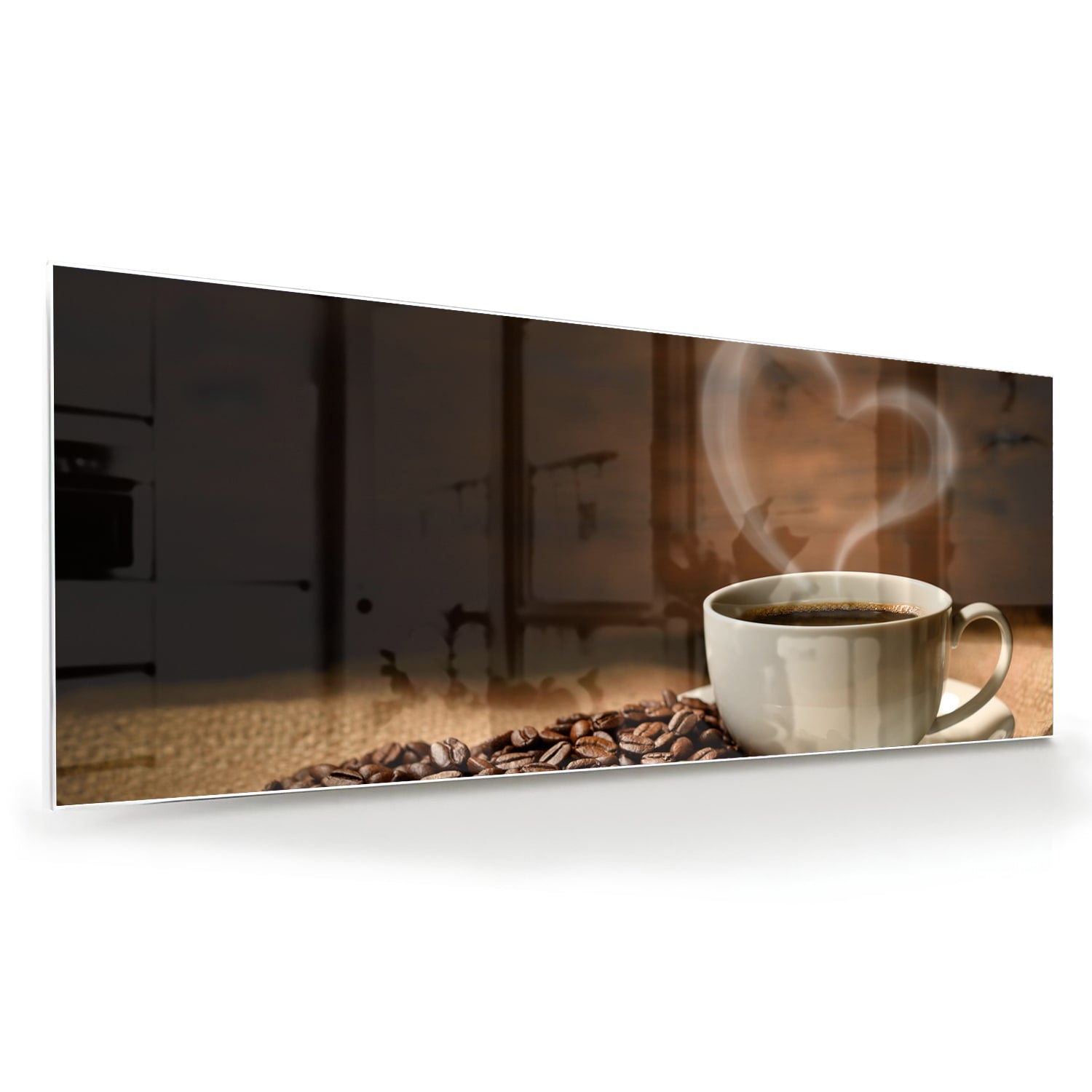 Glasbild mit Kaffee und Kaffeebohnen – Glasbild aus Sicherheitsglas, Größe 60x60