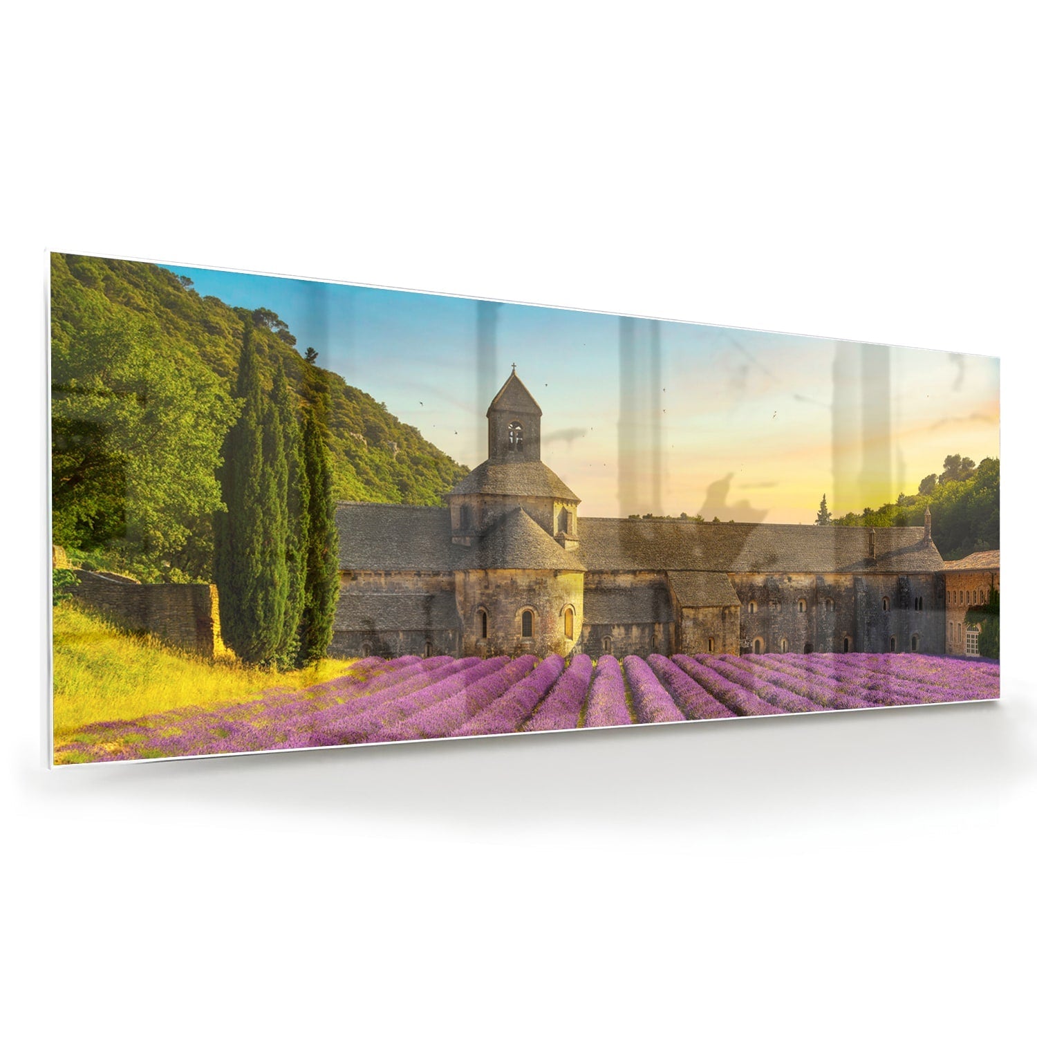 Wunderschönes Glasbild mit Lavendelfeldern – Glasbild aus Sicherheitsglas, Größe 60x60