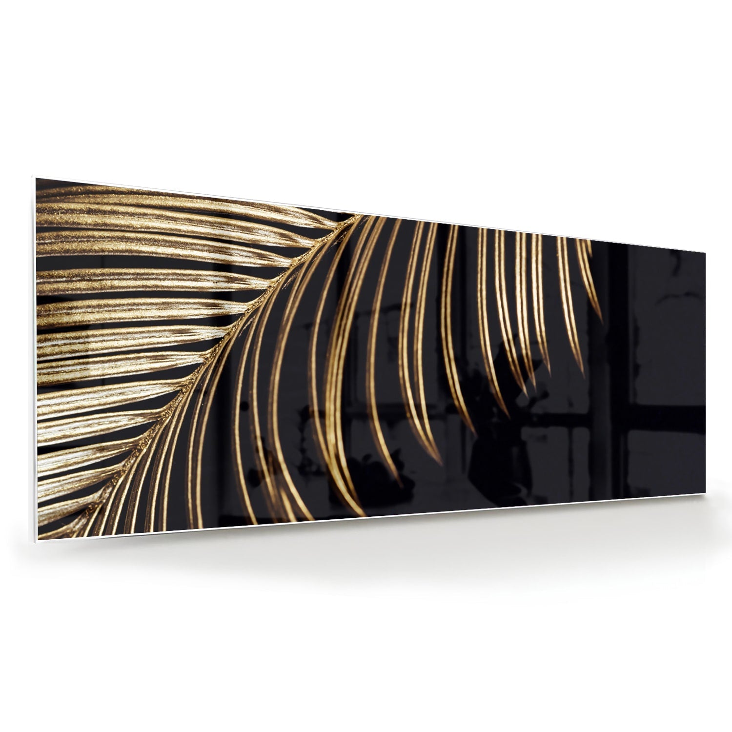 Goldfarbenes Glasbild mit Palmblatt auf schwarzem Hintergrund – Glasbild aus Sicherheitsglas, Größe 60x60