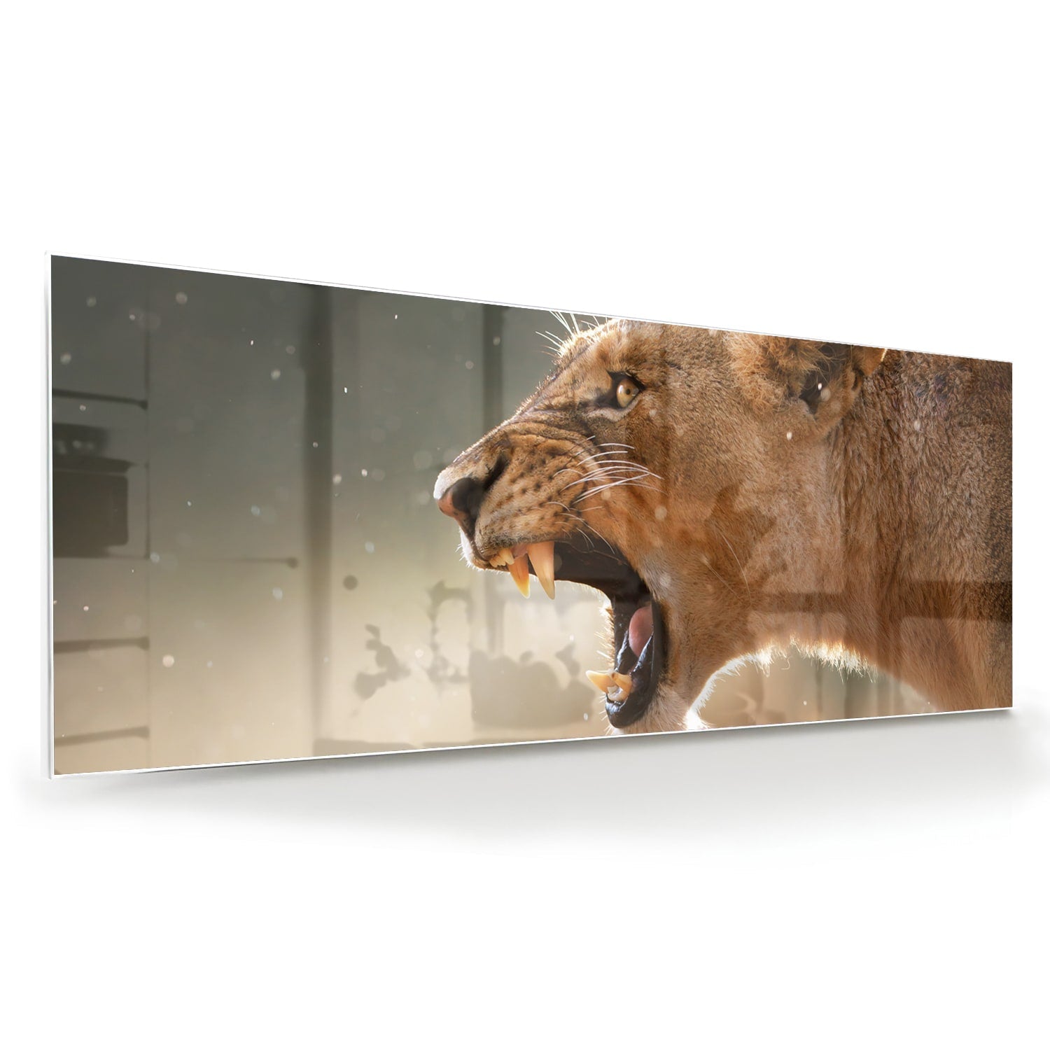 Beeindruckendes Glasbild mit einem brüllenden Löwen – Glasbild aus Sicherheitsglas, Größe 60x60