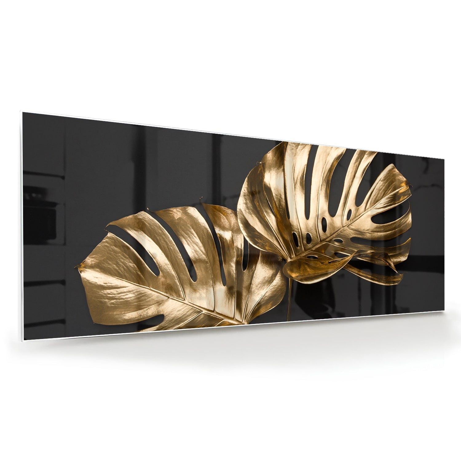 Goldenes Monstera-Glasbild für Wanddekoration – Glasbild aus Sicherheitsglas, Größe 60x60