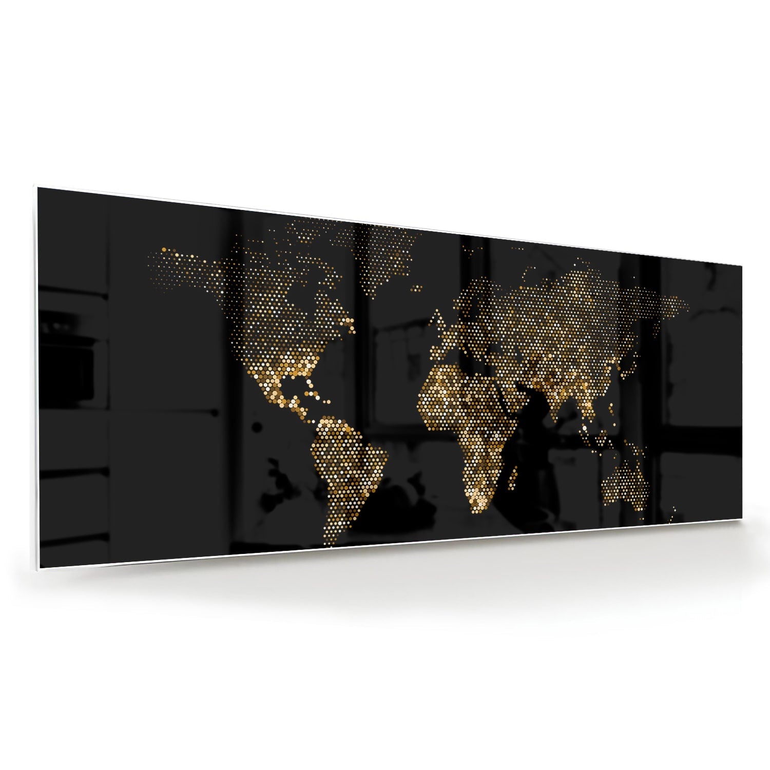 Elegantes Glasbild mit Weltkarte in Schwarz und Gold – Glasbild aus Sicherheitsglas, Größe 60x60