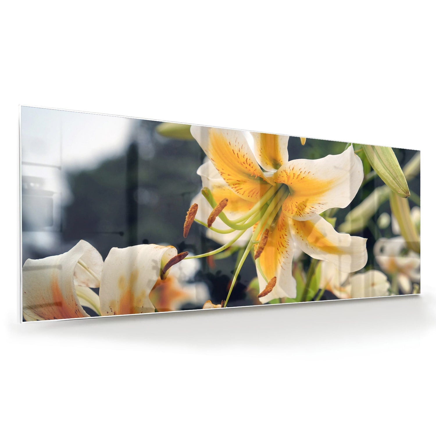 Elegantes Glasbild mit Lilien – Glasbild aus Sicherheitsglas, Größe 60x60