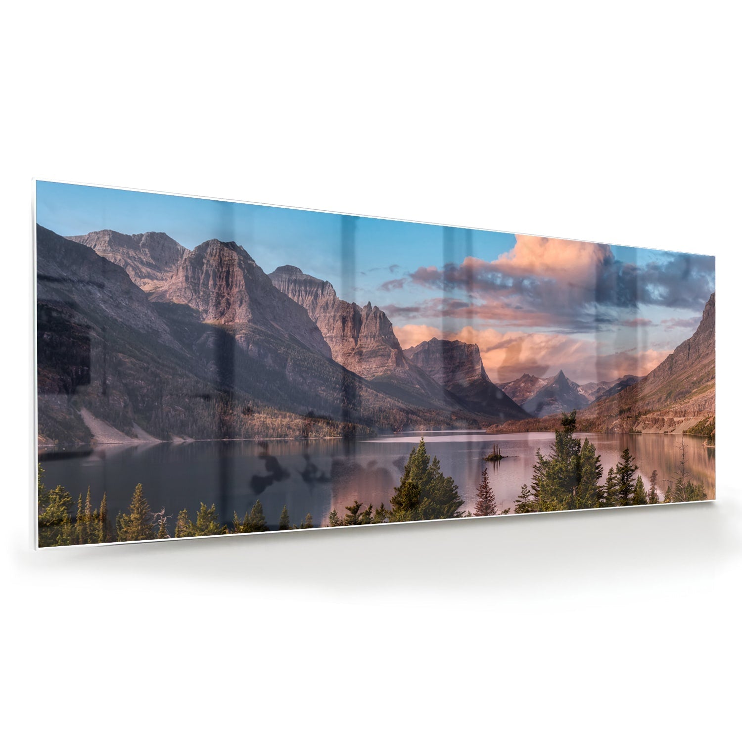 Glasbild mit Bergen bei Sonnenaufgang – Glasbild aus Sicherheitsglas, Größe 60x60
