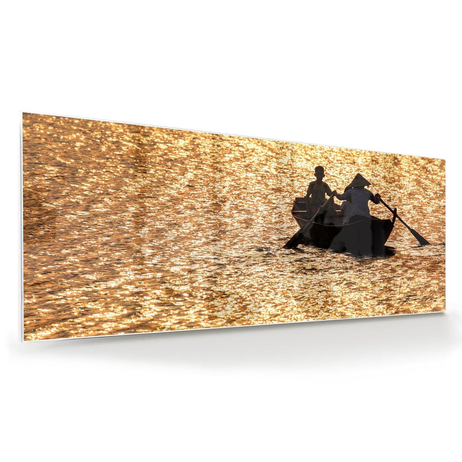 Glasbild mit Ruderboot auf goldenem Wasser – Glasbild aus Sicherheitsglas, Größe 60x60