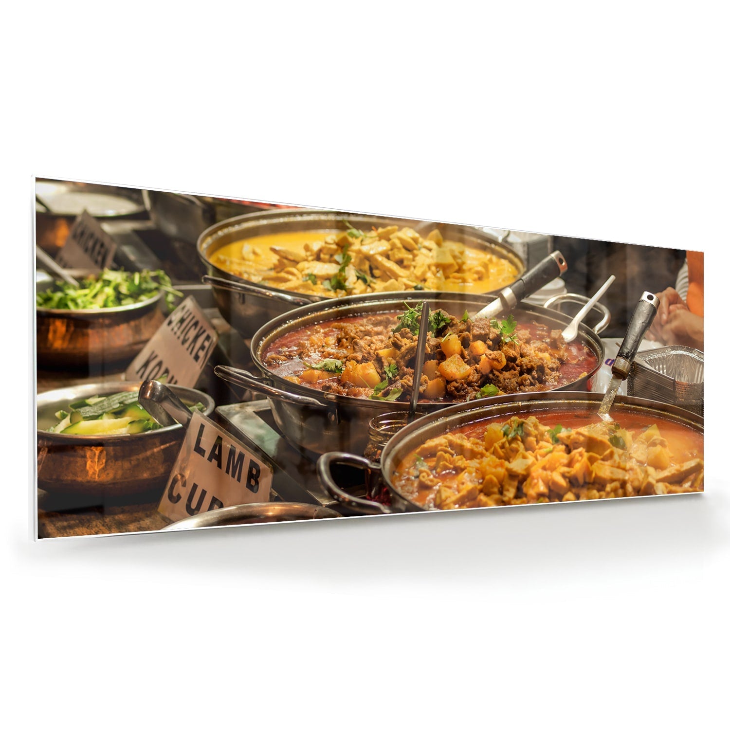 Farbenfrohes Glasbild mit indischem Essen – Glasbild aus Sicherheitsglas, Größe 60x60