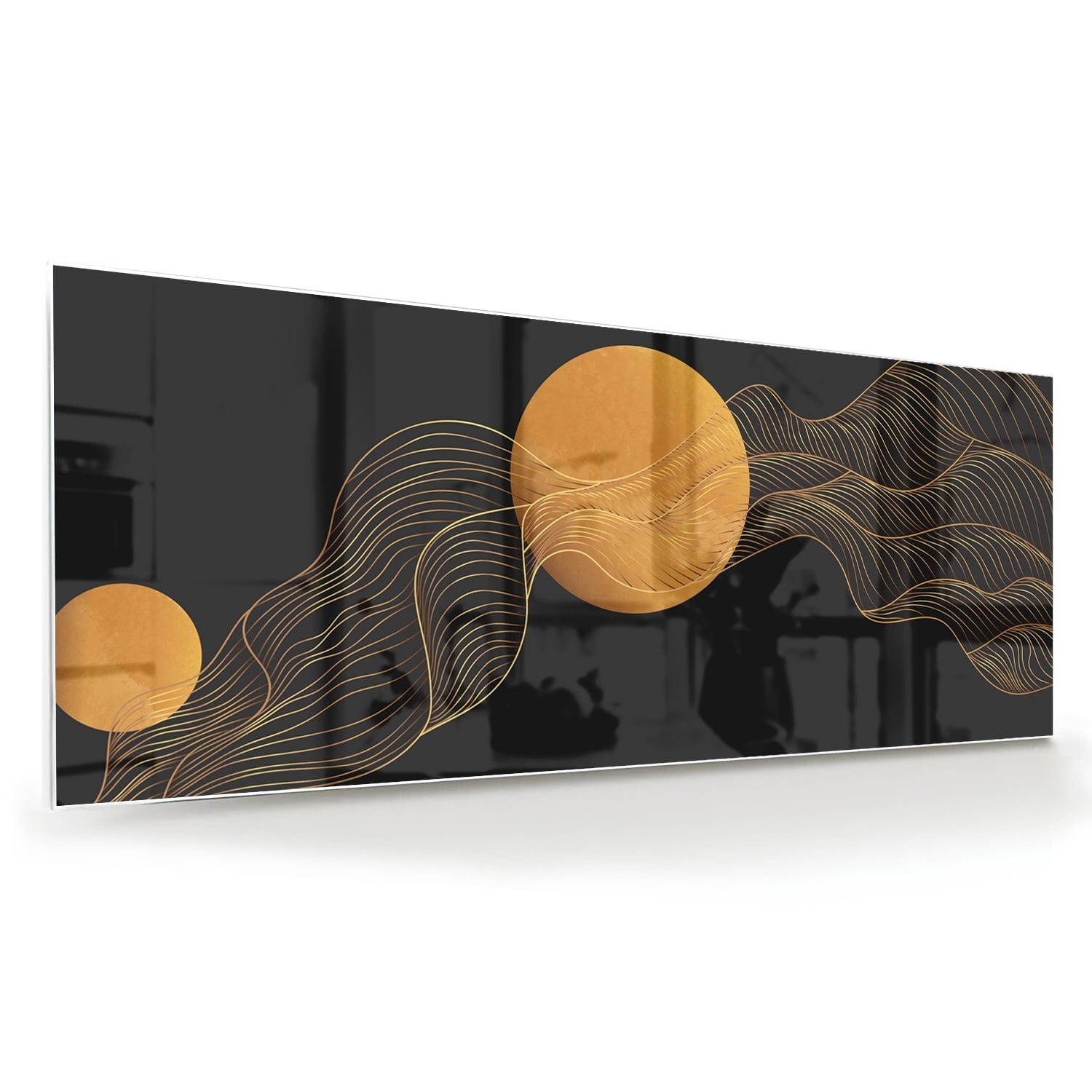 Abstraktes Glasbild mit goldener Sonne und schwarzem Design – Glasbild aus Sicherheitsglas, Größe 60x60