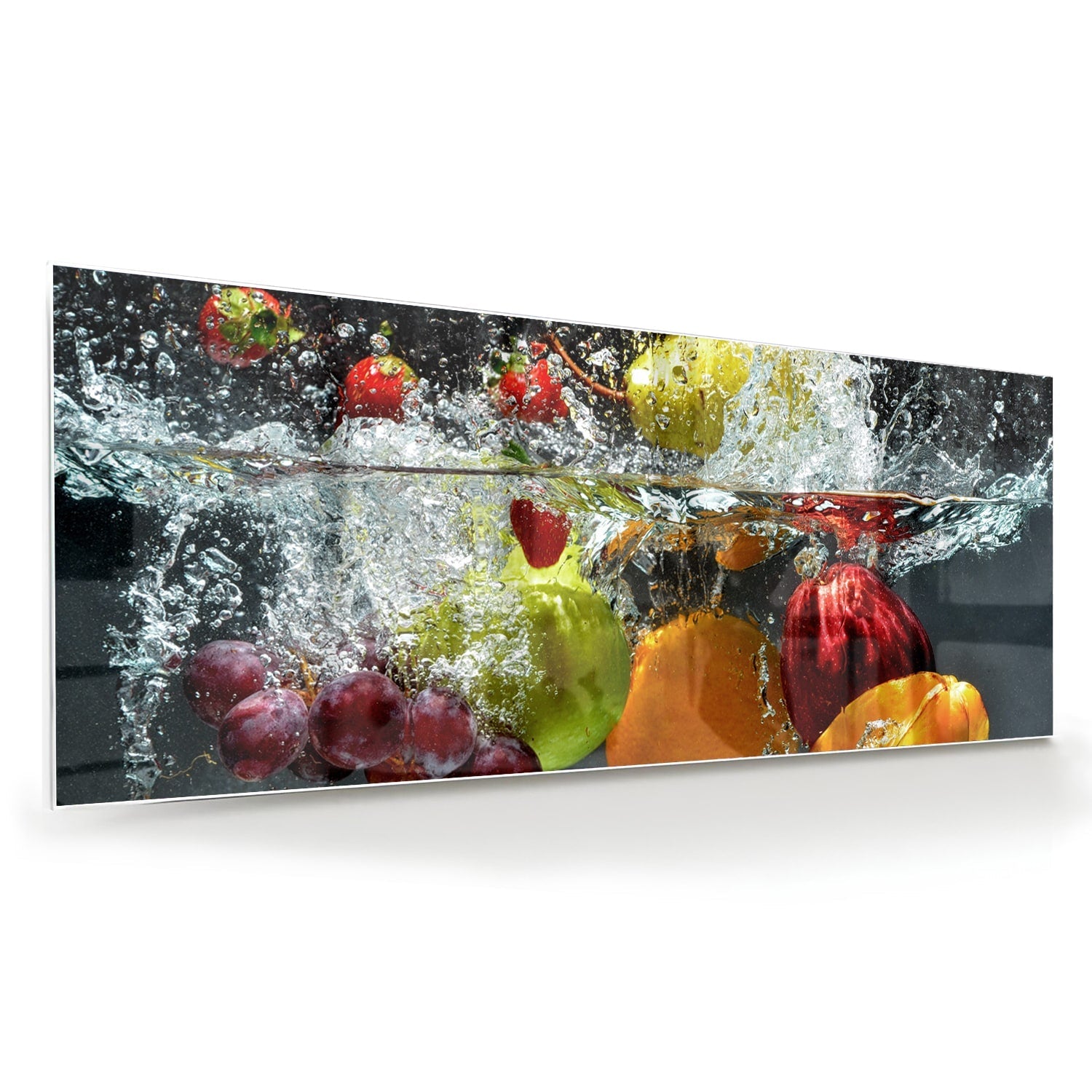 Leuchtendes Glasbild mit Früchten und Wassertropfen – Glasbild aus Sicherheitsglas, Größe 60x60