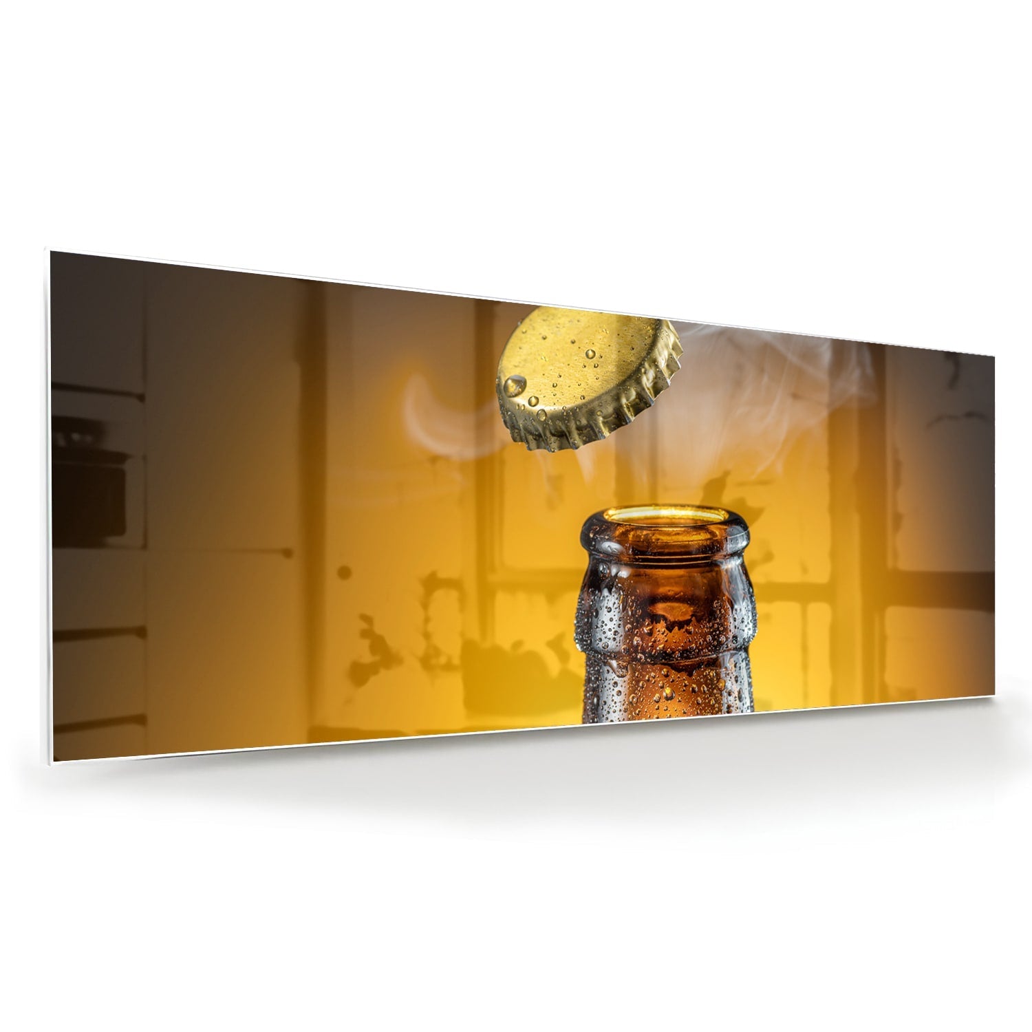 Glasbild mit aufsteigender Flasche und Verschluss – Glasbild aus Sicherheitsglas, Größe 60x60