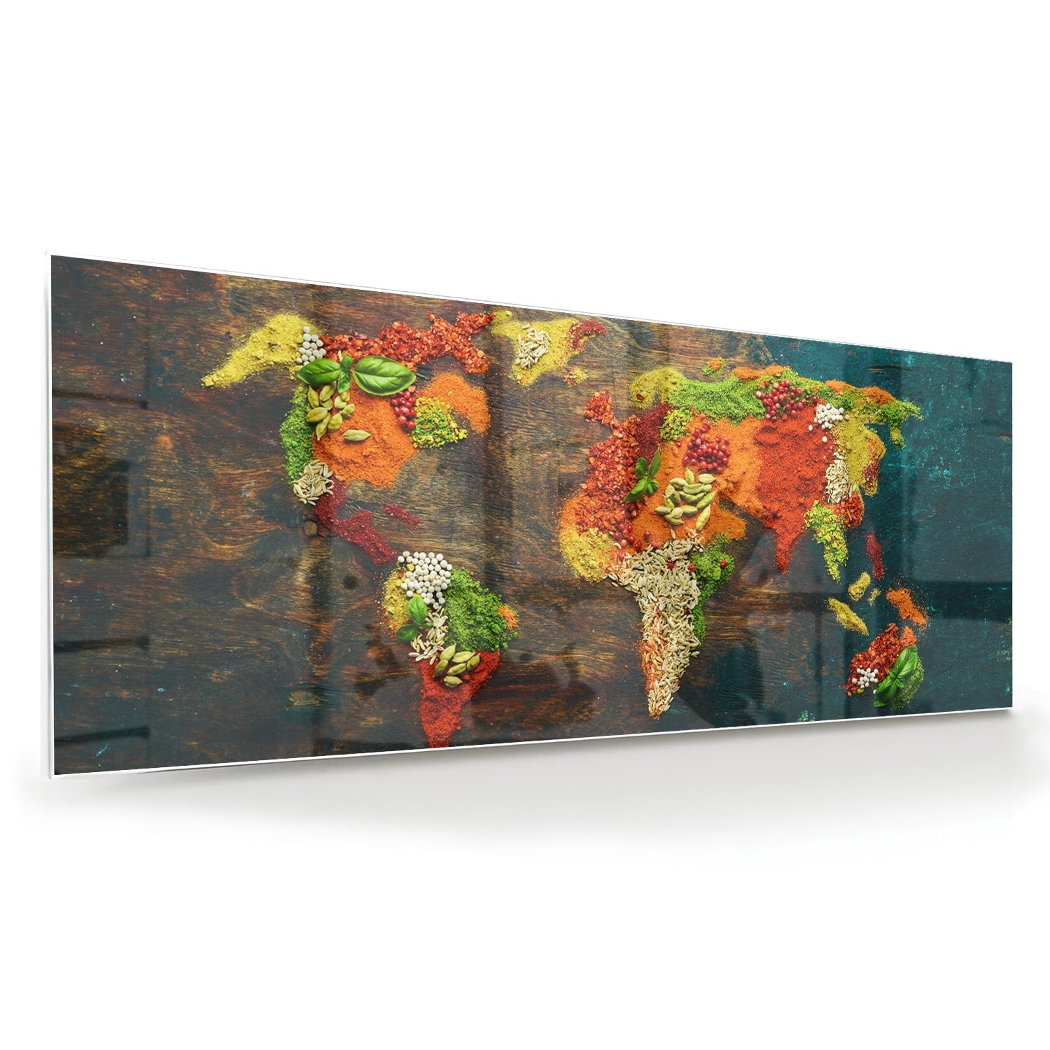 Einzigartiges Glasbild mit moderner Weltkarte – Glasbild aus Sicherheitsglas, Größe 60x60