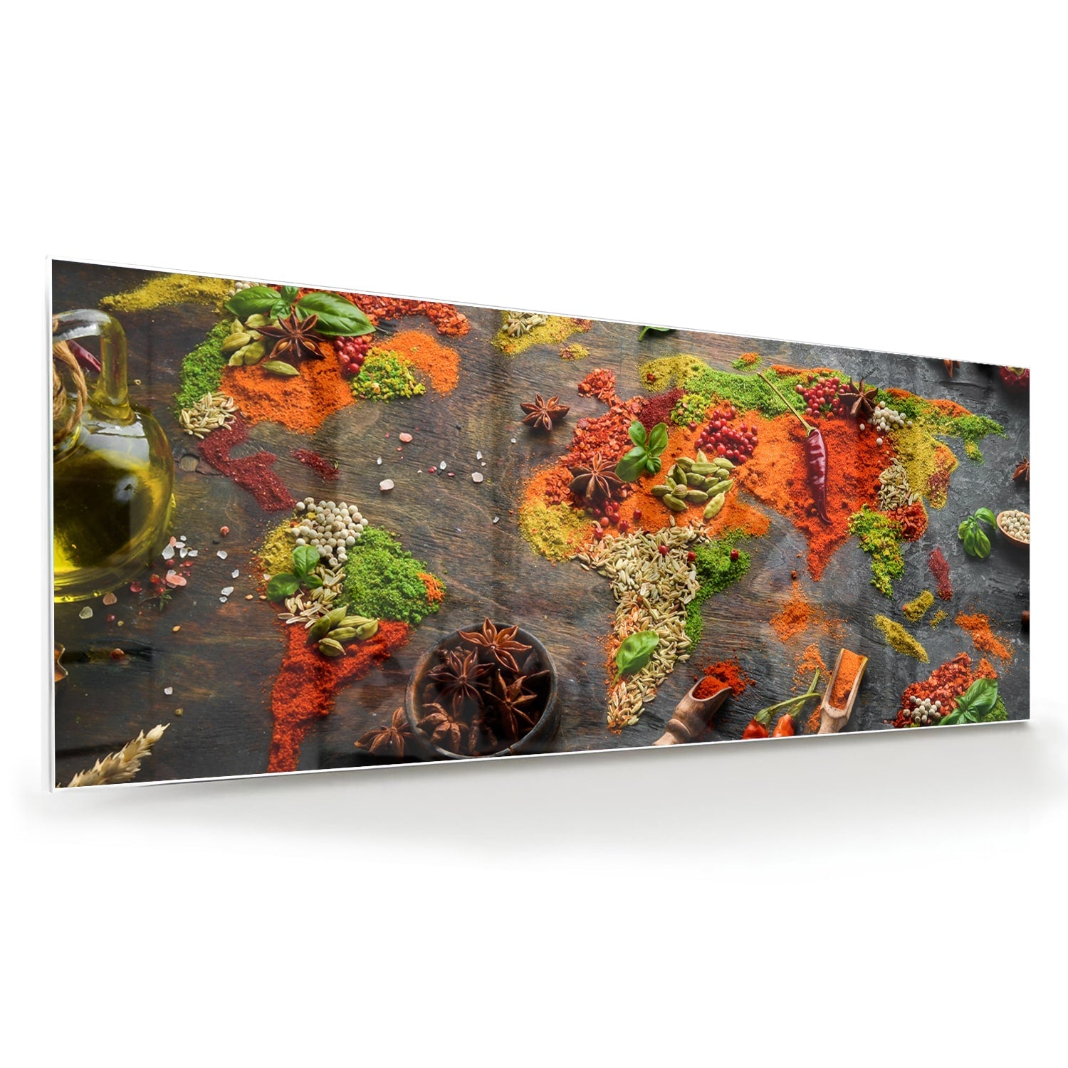 Farbenfrohes Glasbild mit Gewürzen und Gemüse – Glasbild aus Sicherheitsglas, Größe 60x60