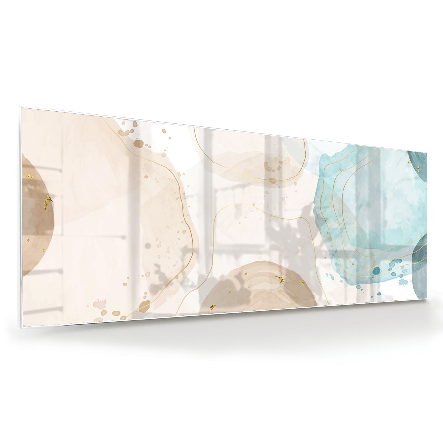 Elegantes Glasbild mit sanftem Aqua und goldenen Farbtönen – Glasbild aus Sicherheitsglas, Größe 60x60