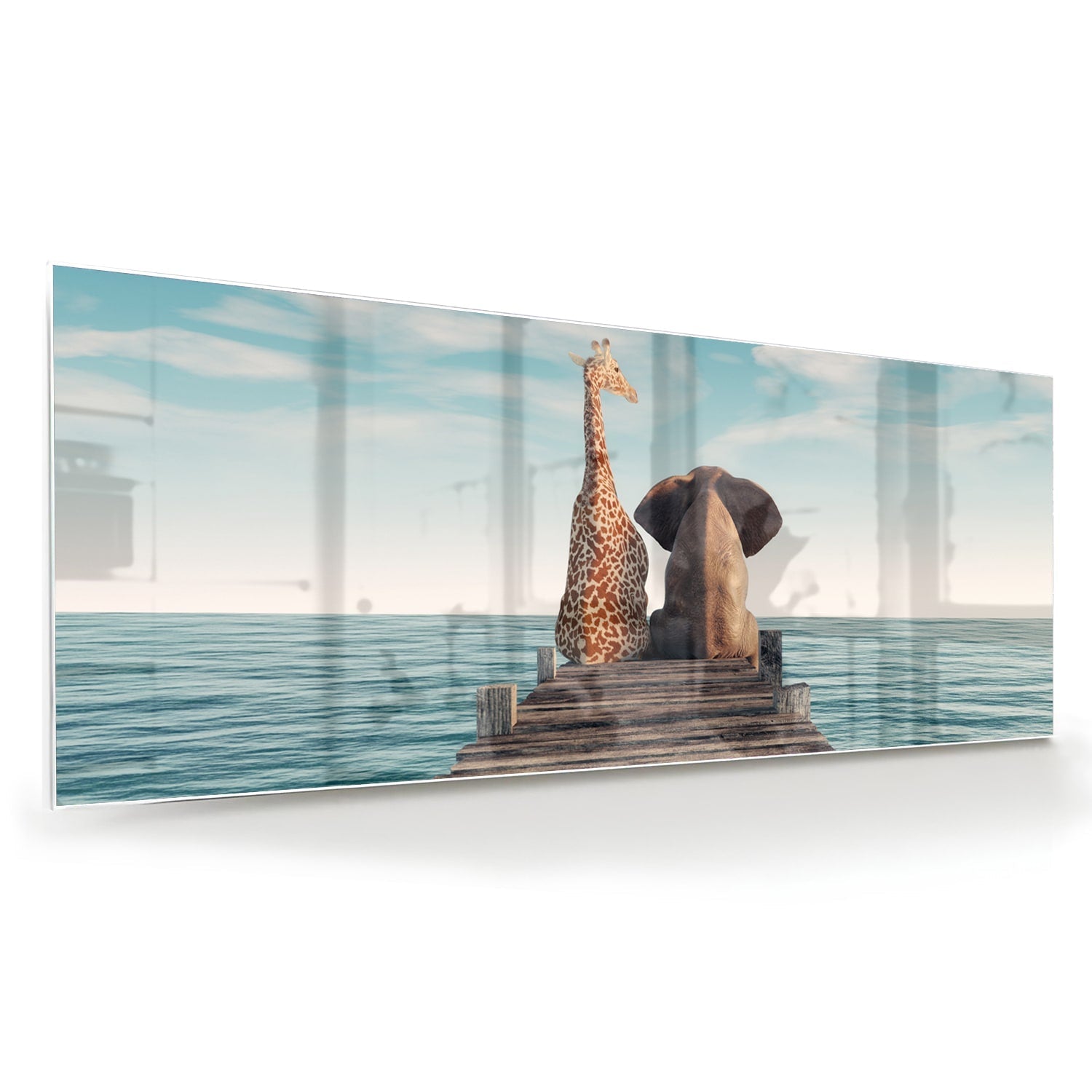 Glasbild mit verspielter Giraffe und Elefant auf einem Holzsteg – Glasbild aus Sicherheitsglas, Größe 60x60