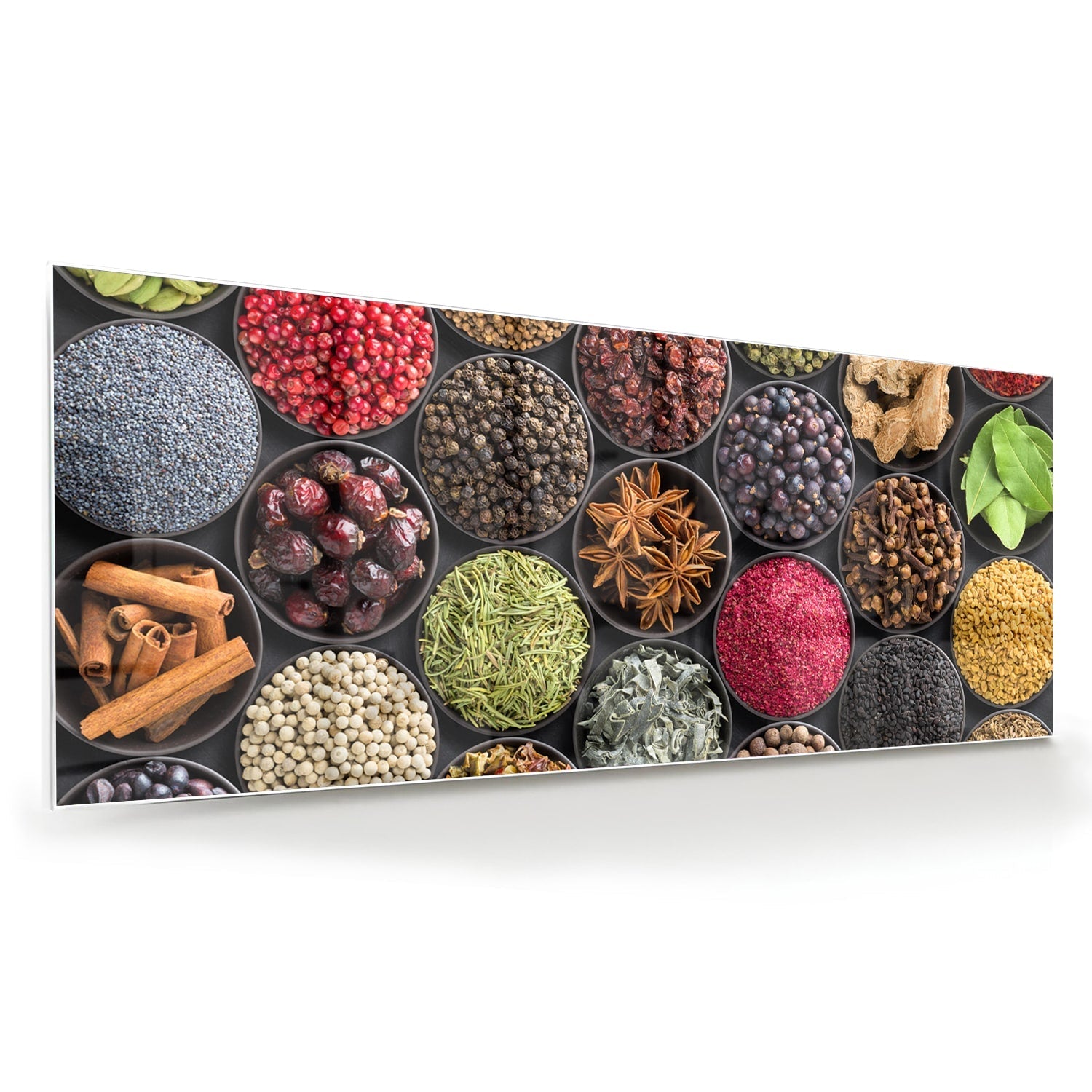 Farbenfrohes Glasbild mit Gewürzen und Kräutern – Glasbild aus Sicherheitsglas, Größe 60x60