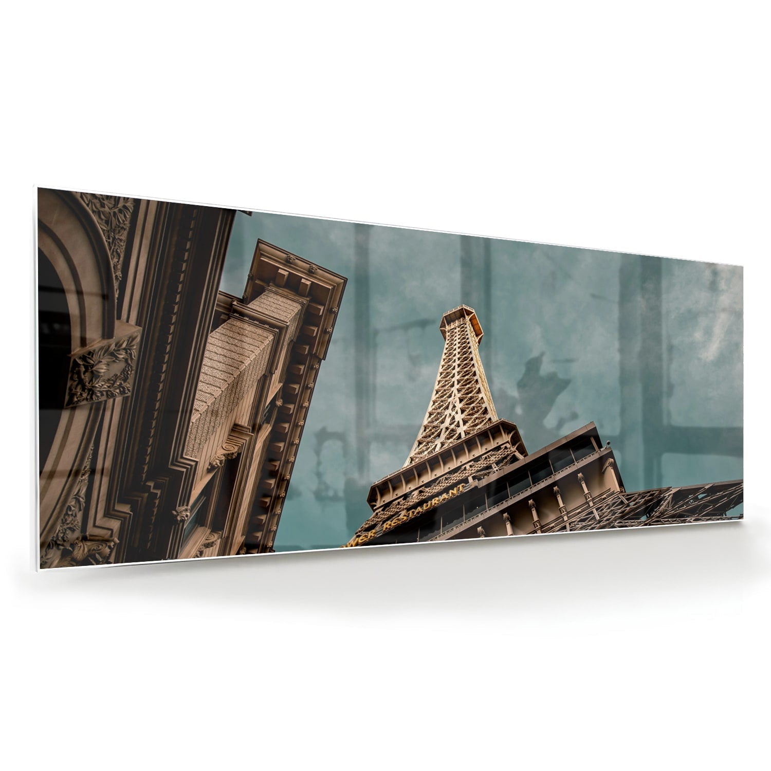 Glasbild mit dem Eiffelturm in luxuriöser Optik – Glasbild aus Sicherheitsglas, Größe 60x60