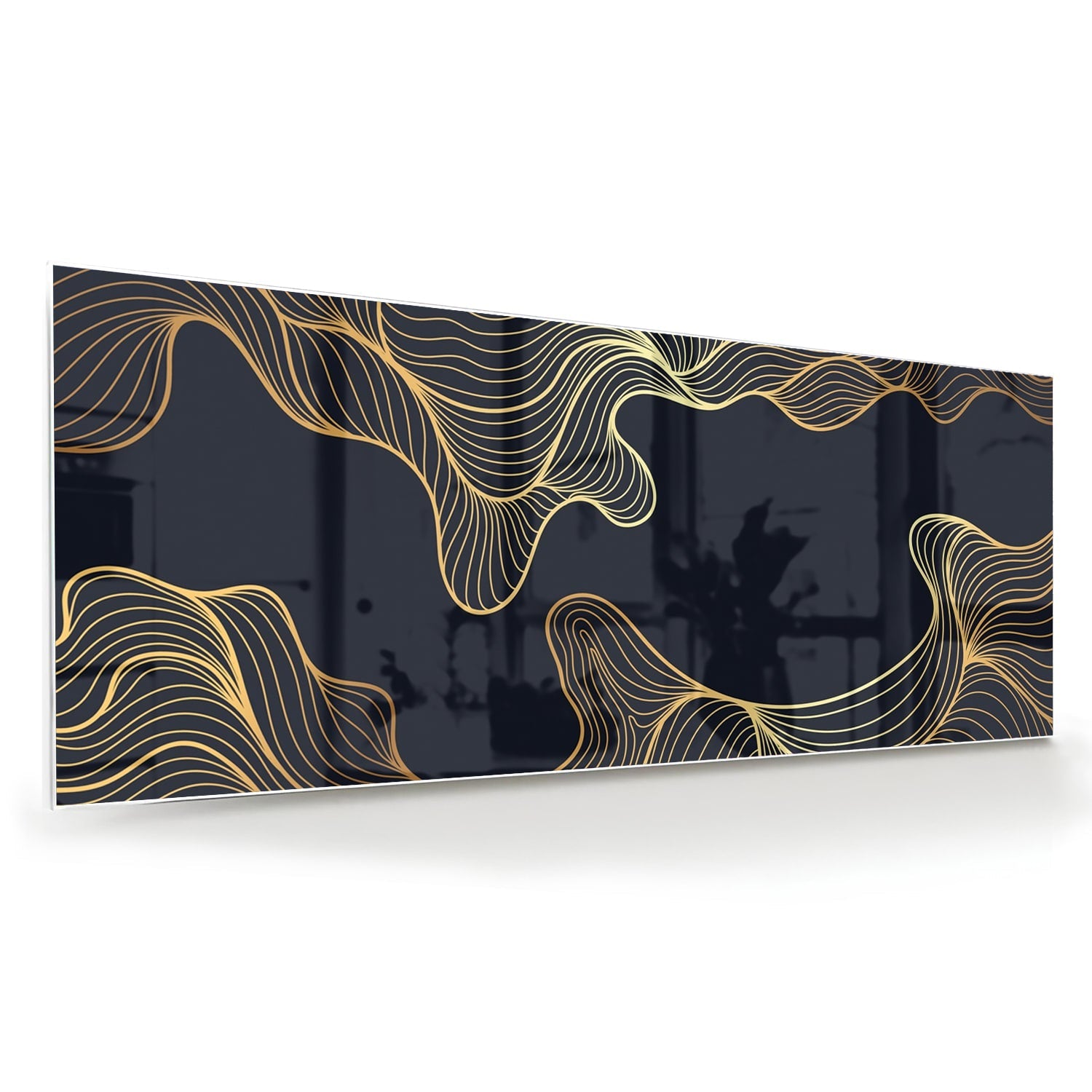 Elegantes Glasbild mit goldenen Linien auf dunkelblauem Hintergrund – Glasbild aus Sicherheitsglas, Größe 60x60